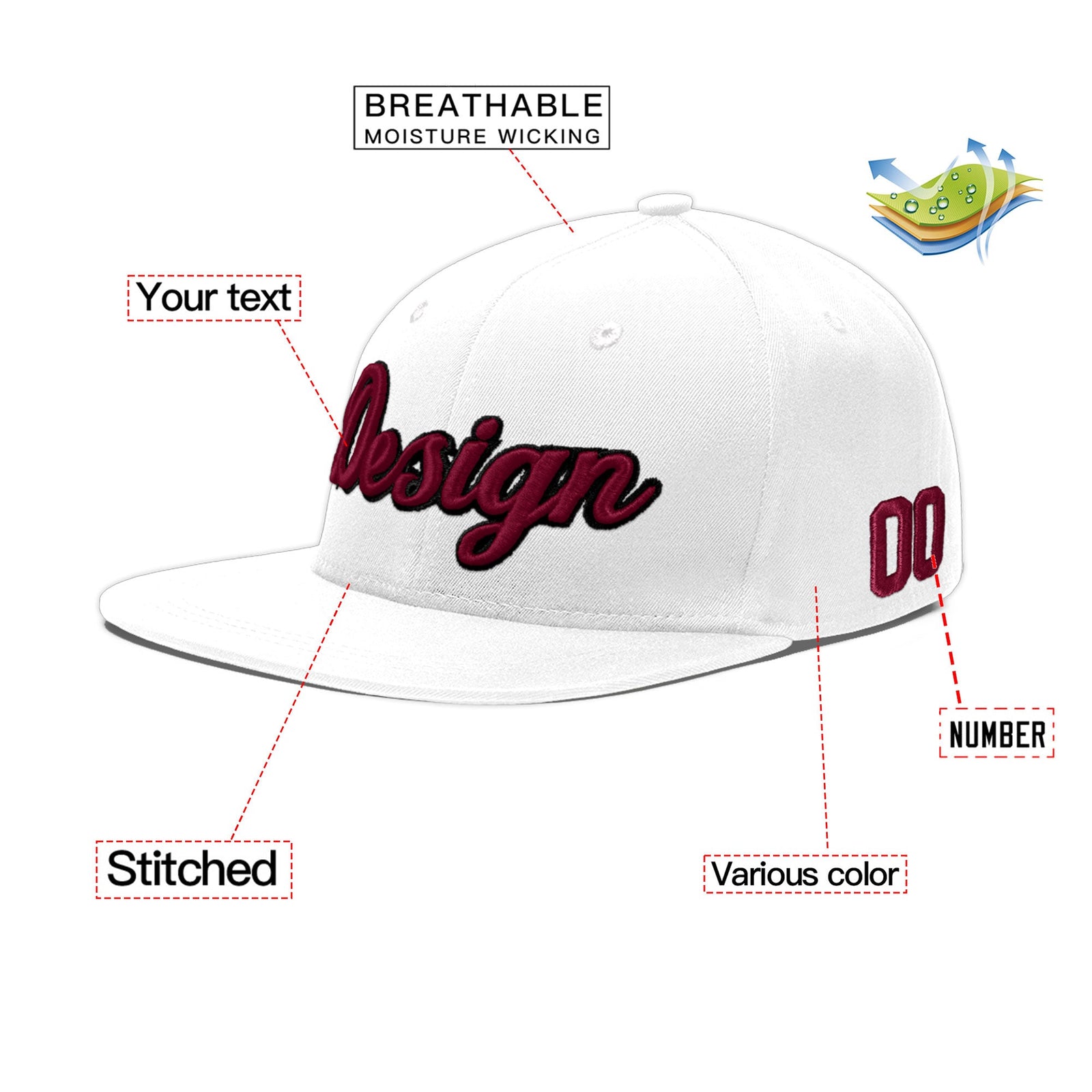 Custom White 3D Puff Embroidery Flat Embroidery Casual Sport Baseball Cap