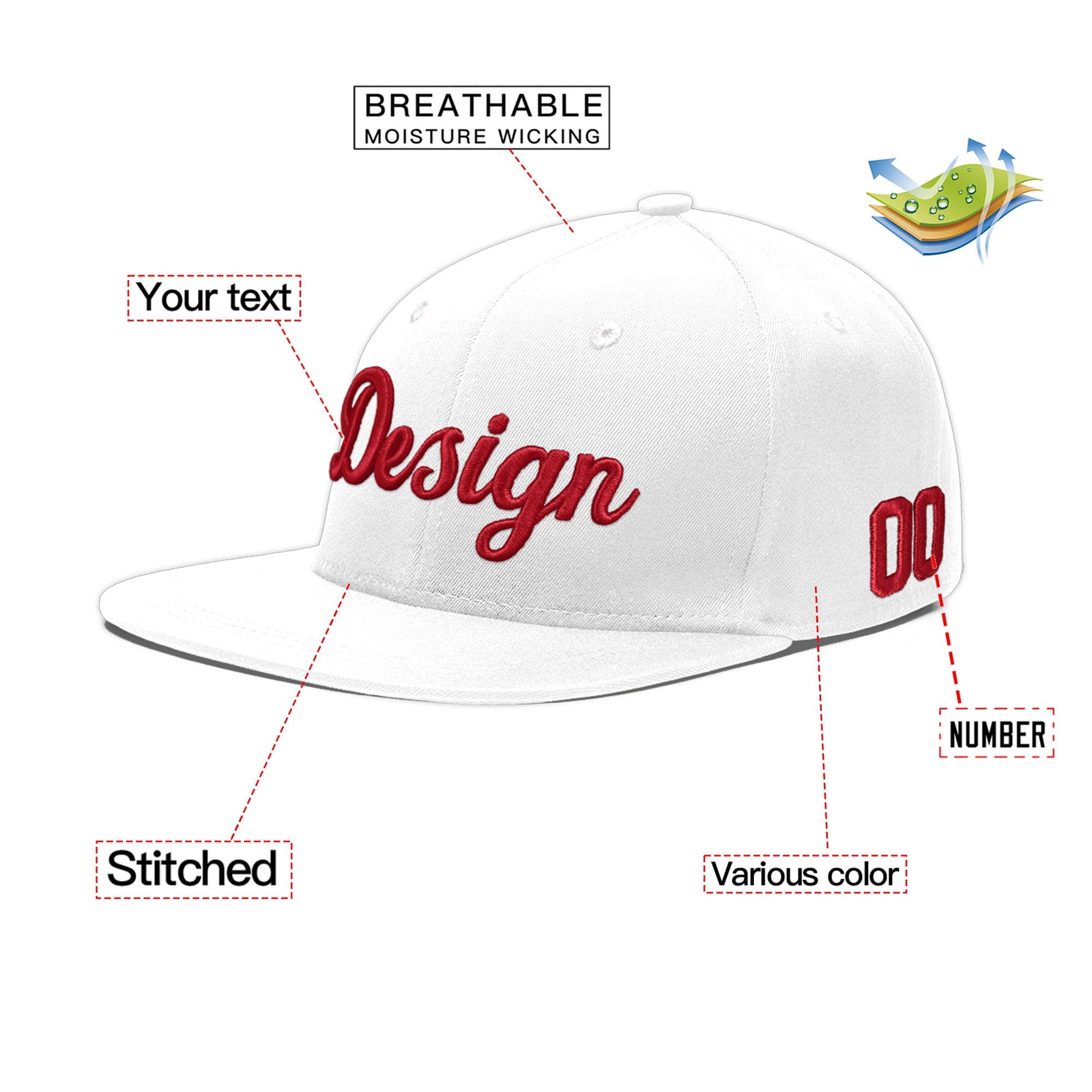 Custom White 3D Puff Embroidery Flat Embroidery Casual Sport Baseball Cap