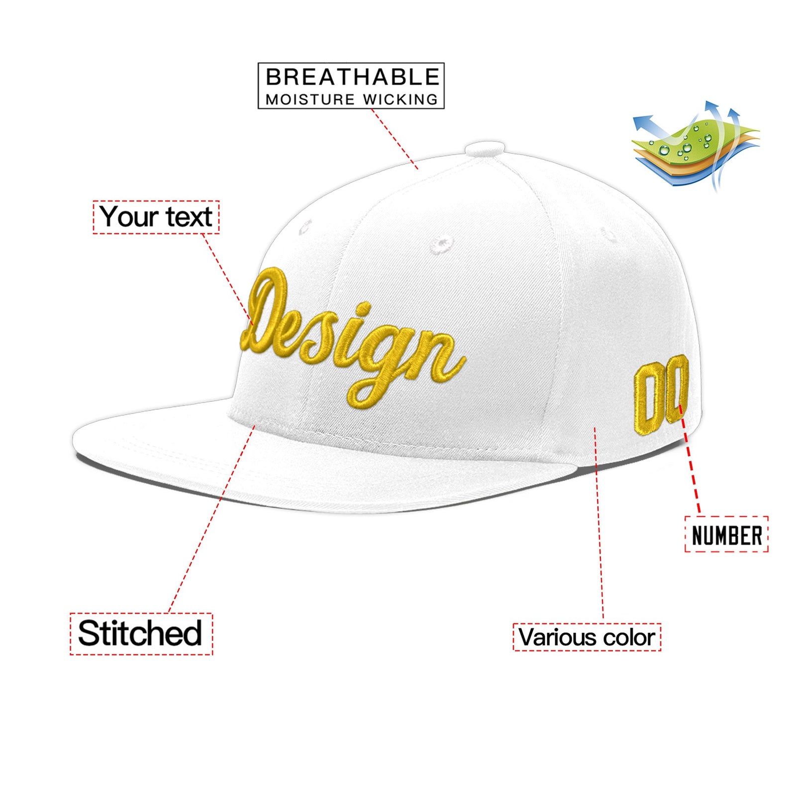 Custom White 3D Puff Embroidery Flat Embroidery Casual Sport Baseball Cap