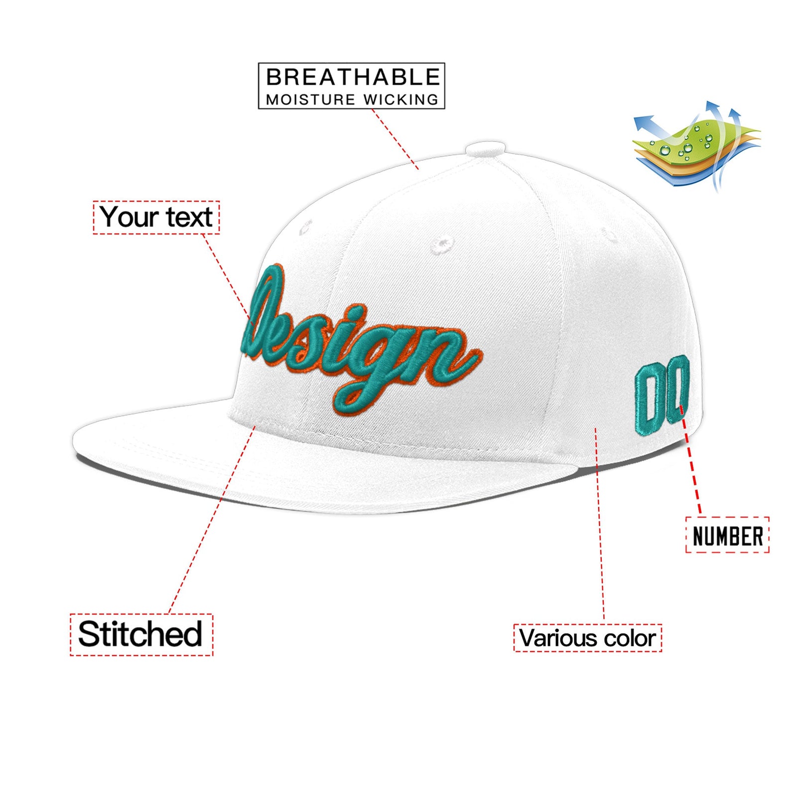 Custom White 3D Puff Embroidery Flat Embroidery Casual Sport Baseball Cap