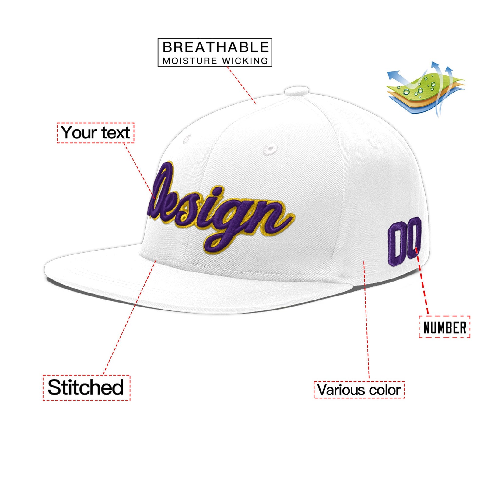 Custom White 3D Puff Embroidery Flat Embroidery Casual Sport Baseball Cap