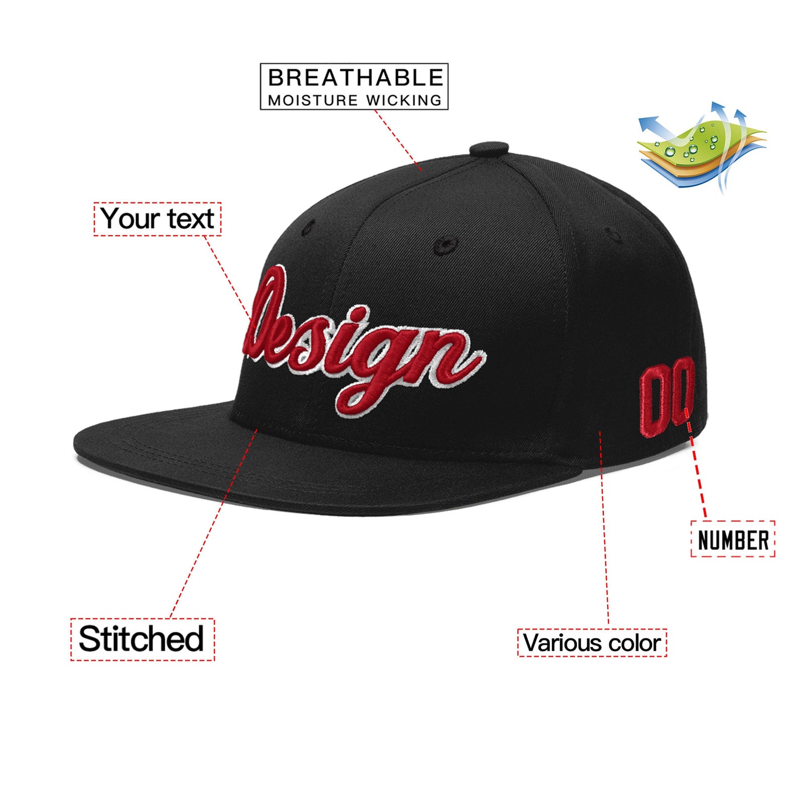 Custom Black 3D Puff Embroidery Flat Embroidery Casual Sport Baseball Cap