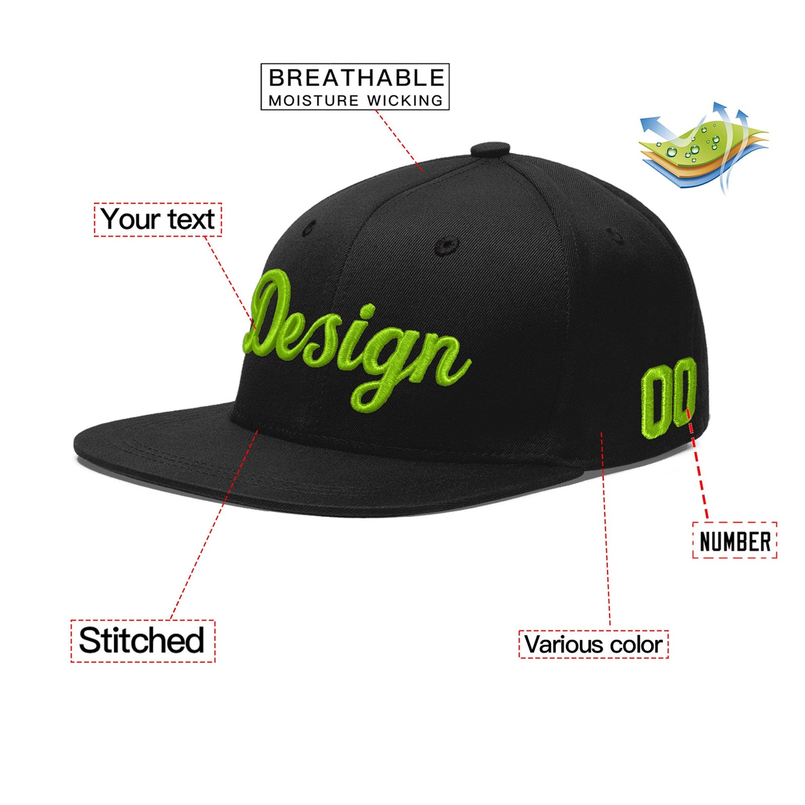Custom Black 3D Puff Embroidery Flat Embroidery Casual Sport Baseball Cap