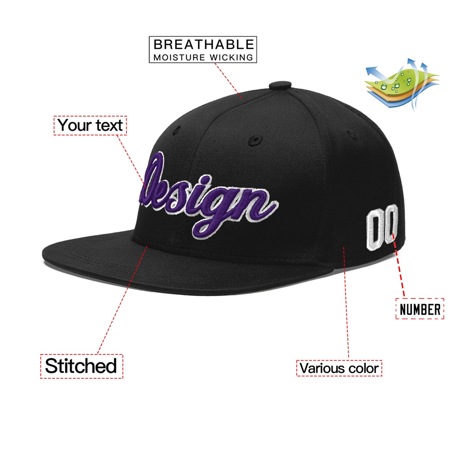 Custom Black 3D Puff Embroidery Flat Embroidery Casual Sport Baseball Cap