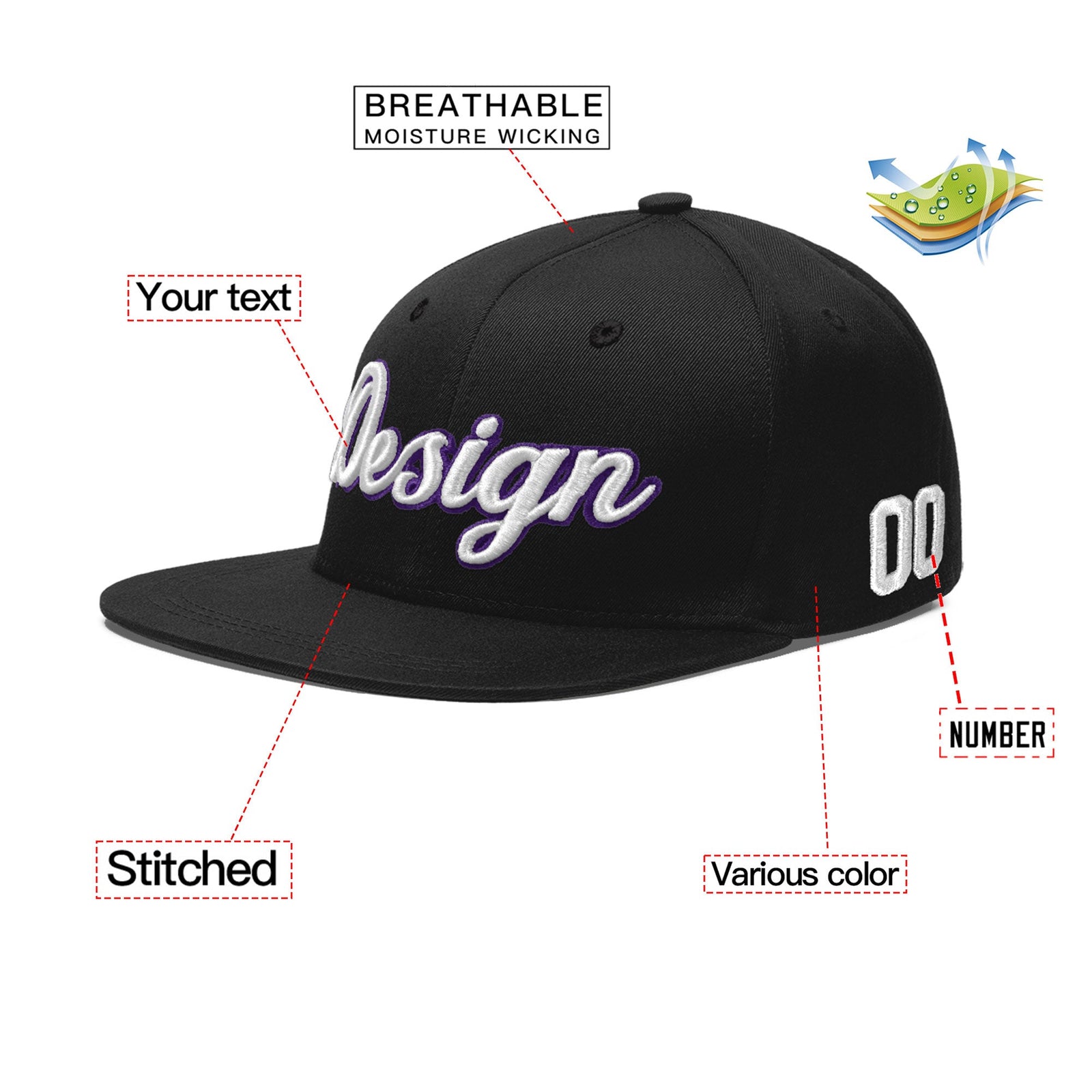 Custom Black 3D Puff Embroidery Flat Embroidery Casual Sport Baseball Cap