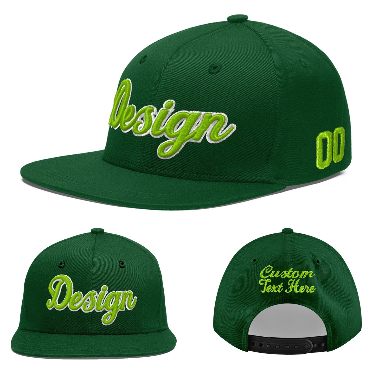Custom Green 3D Puff Embroidery Flat Embroidery Casual Sport Baseball Cap