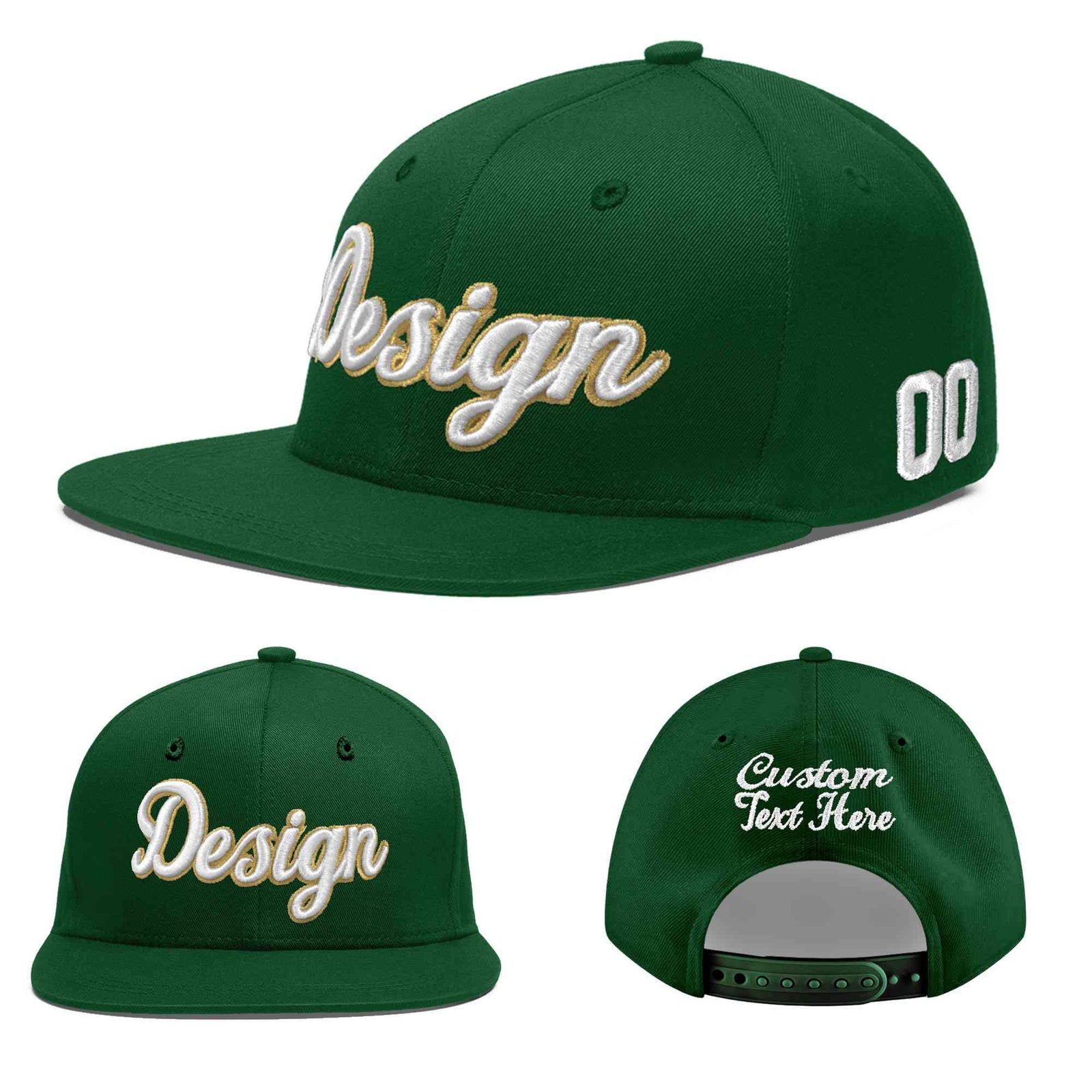 Custom Green 3D Puff Embroidery Flat Embroidery Casual Sport Baseball Cap