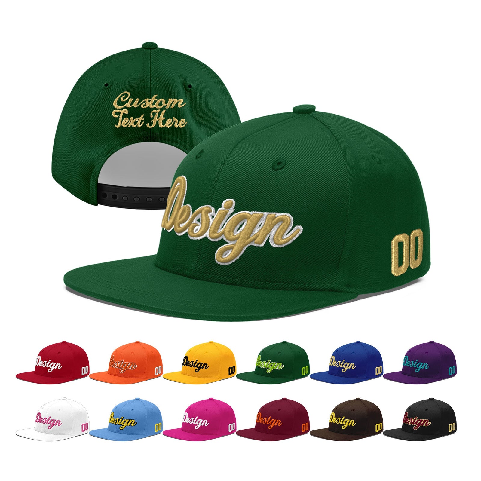 Custom Green 3D Puff Embroidery Flat Embroidery Casual Sport Baseball Cap