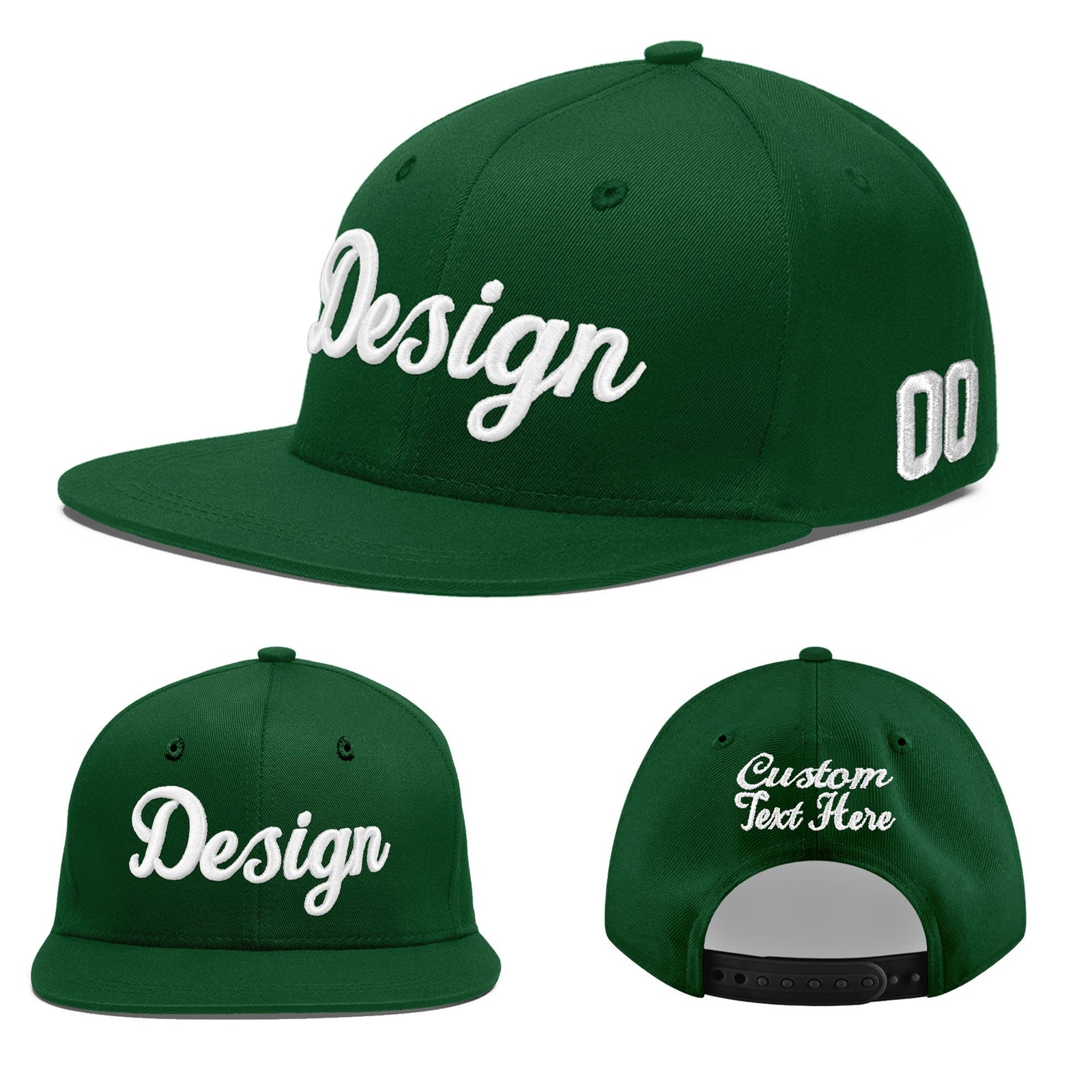 Custom Green 3D Puff Embroidery Flat Embroidery Casual Sport Baseball Cap
