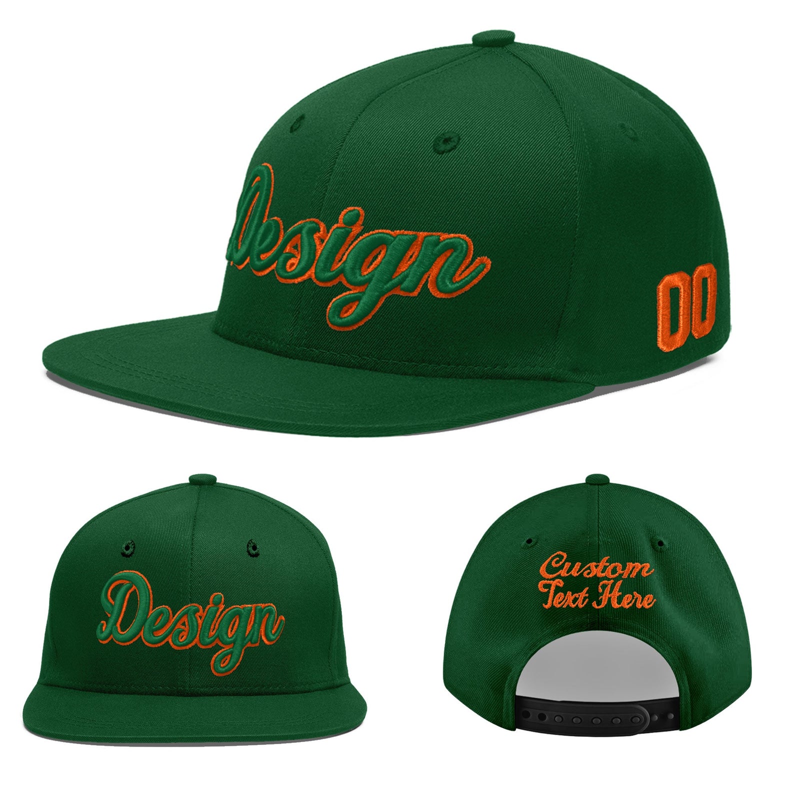 Custom Green 3D Puff Embroidery Flat Embroidery Casual Sport Baseball Cap