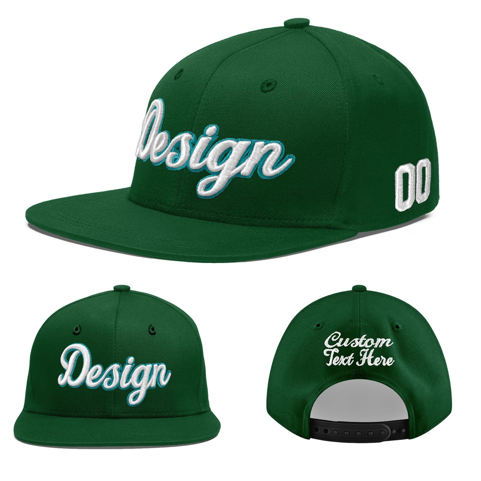 Custom Green 3D Puff Embroidery Flat Embroidery Casual Sport Baseball Cap