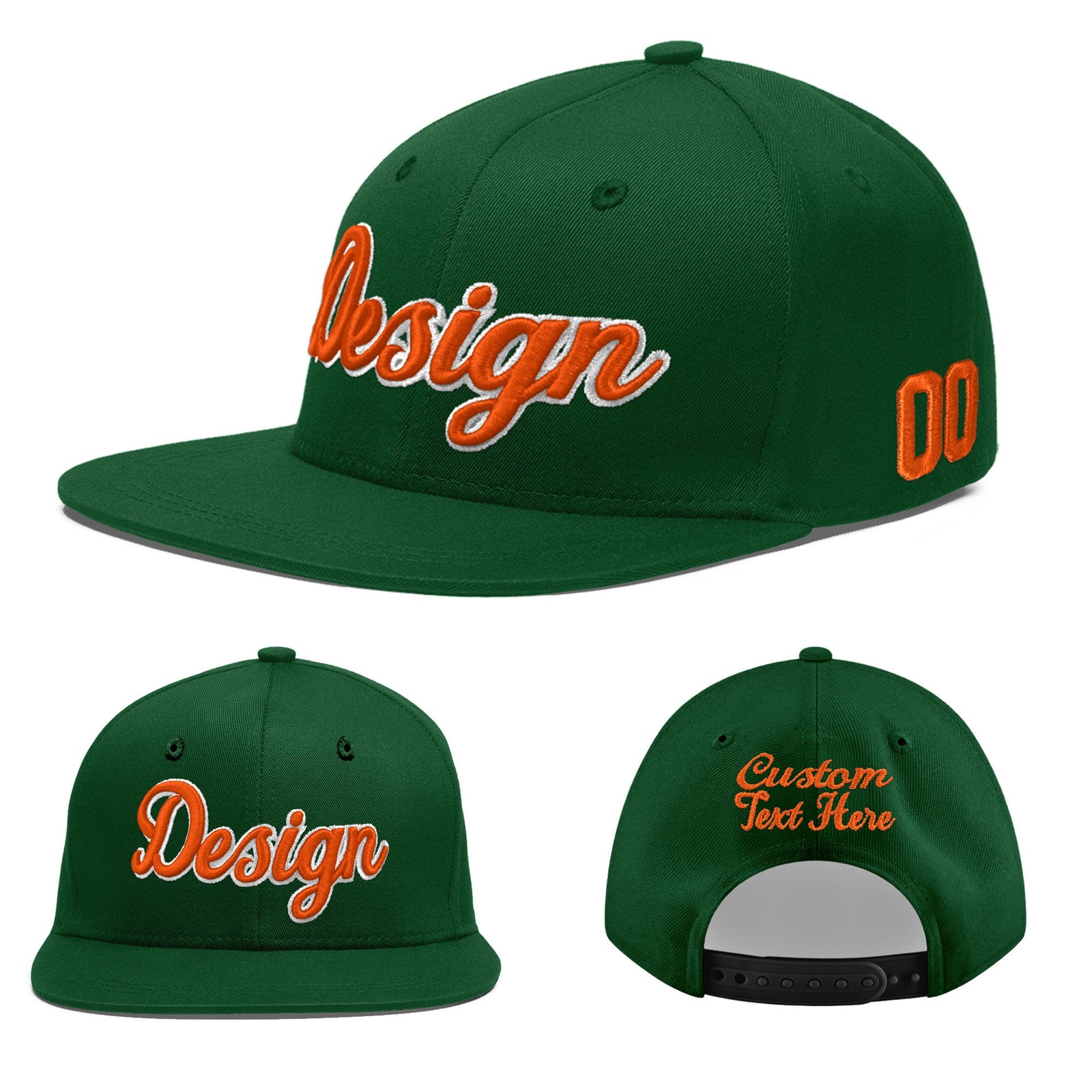 Custom Green 3D Puff Embroidery Flat Embroidery Casual Sport Baseball Cap