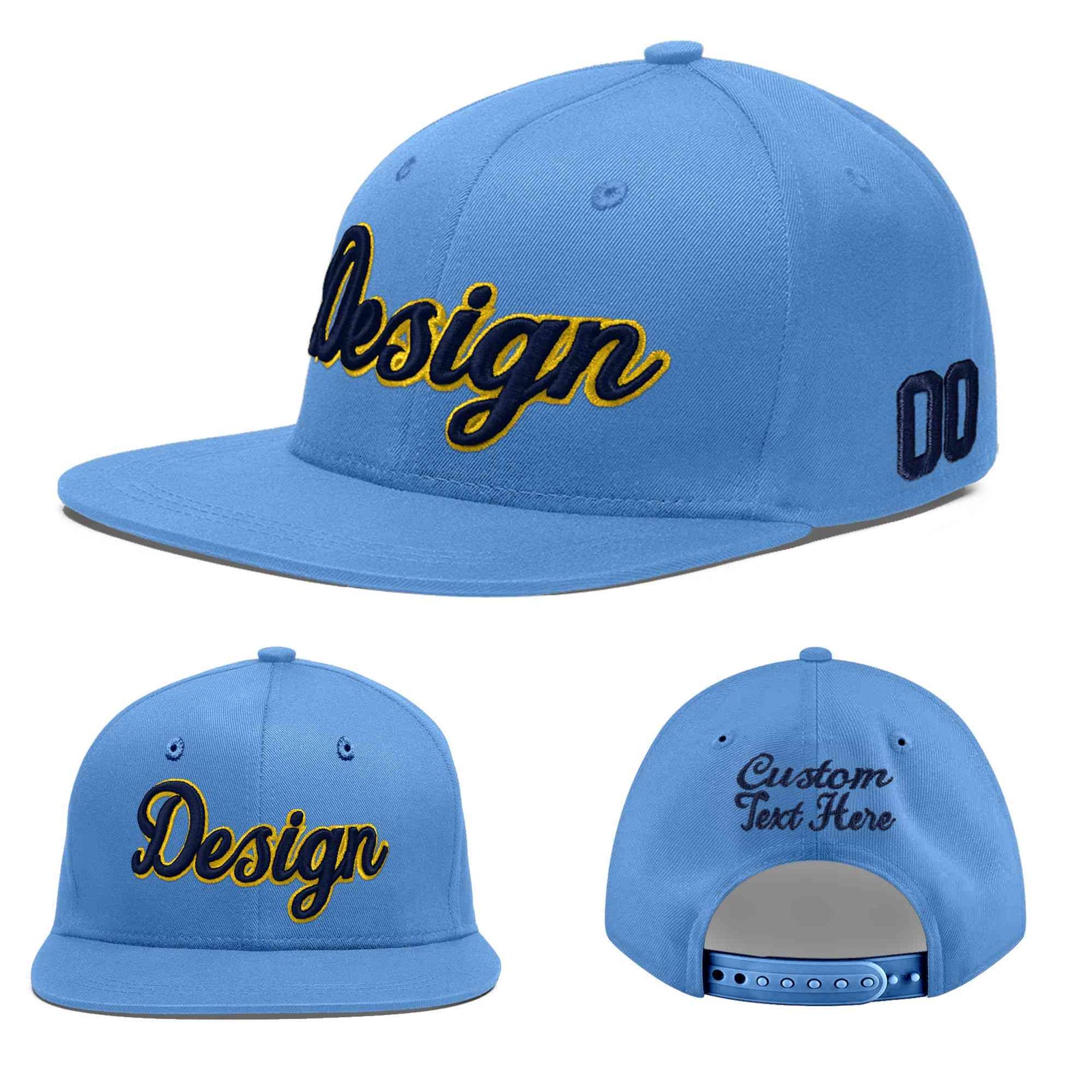 Custom Light Blue 3D Puff Embroidery Flat Embroidery Casual Sport Baseball Cap