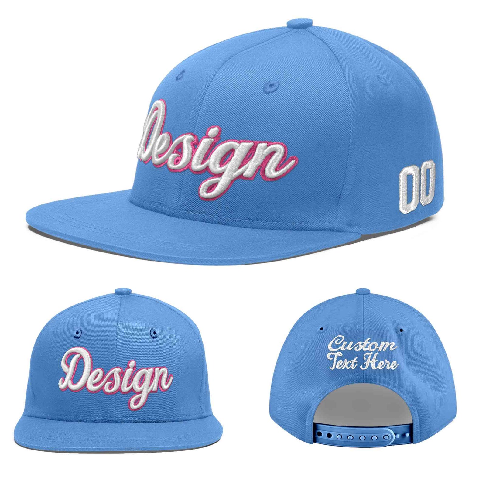 Custom Light Blue 3D Puff Embroidery Flat Embroidery Casual Sport Baseball Cap