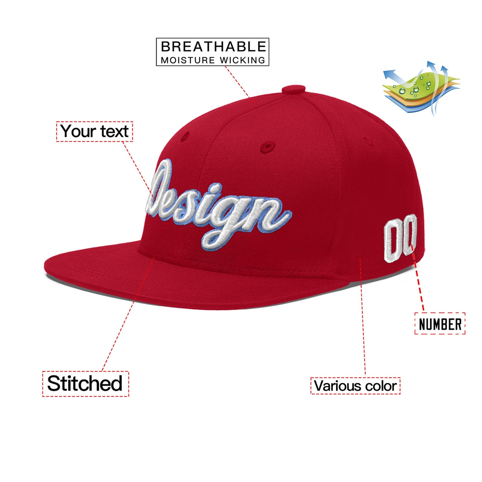 Custom Red 3D Puff Embroidery Flat Embroidery Casual Sport Baseball Cap