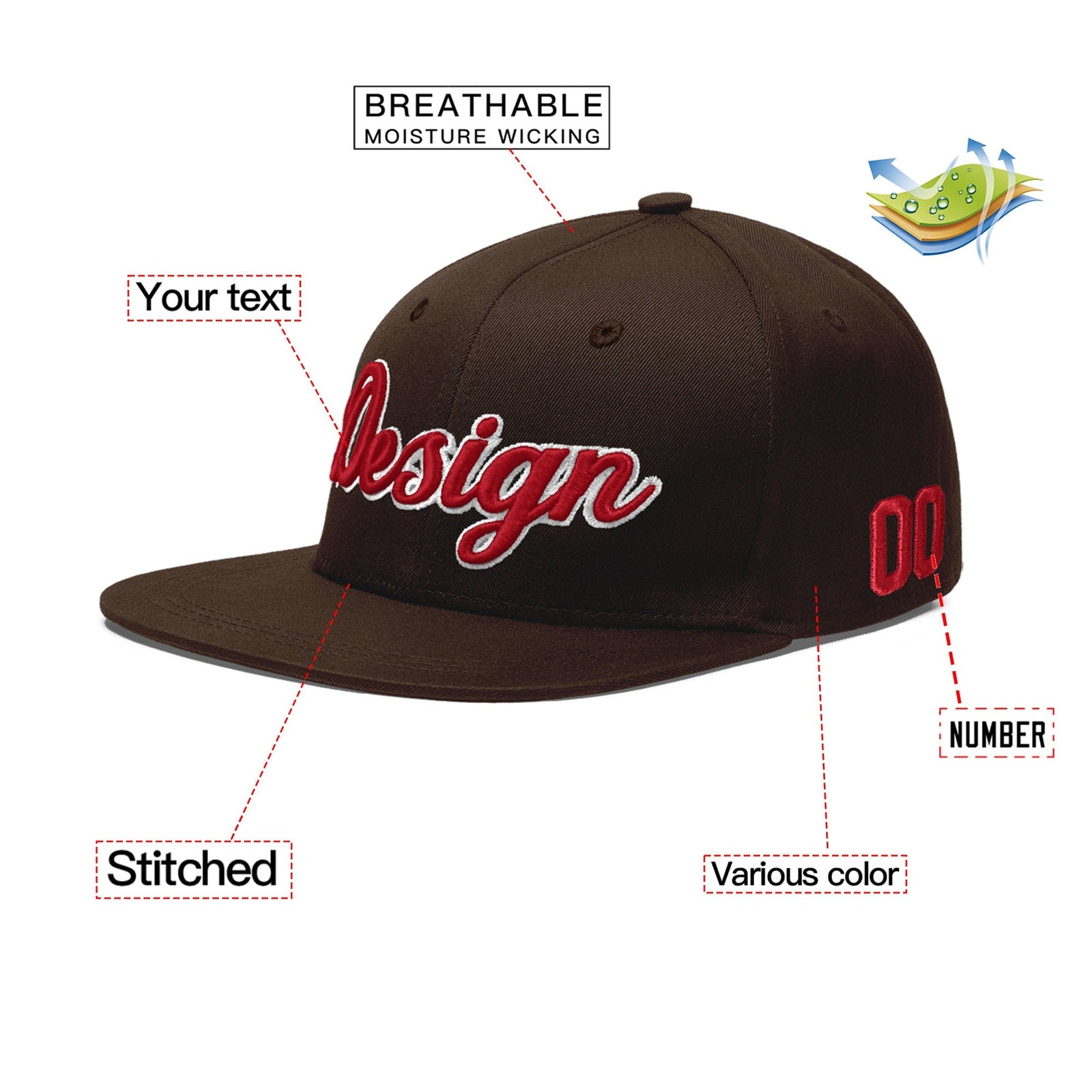 Custom Brown 3D Puff Embroidery Flat Embroidery Casual Sport Baseball Cap