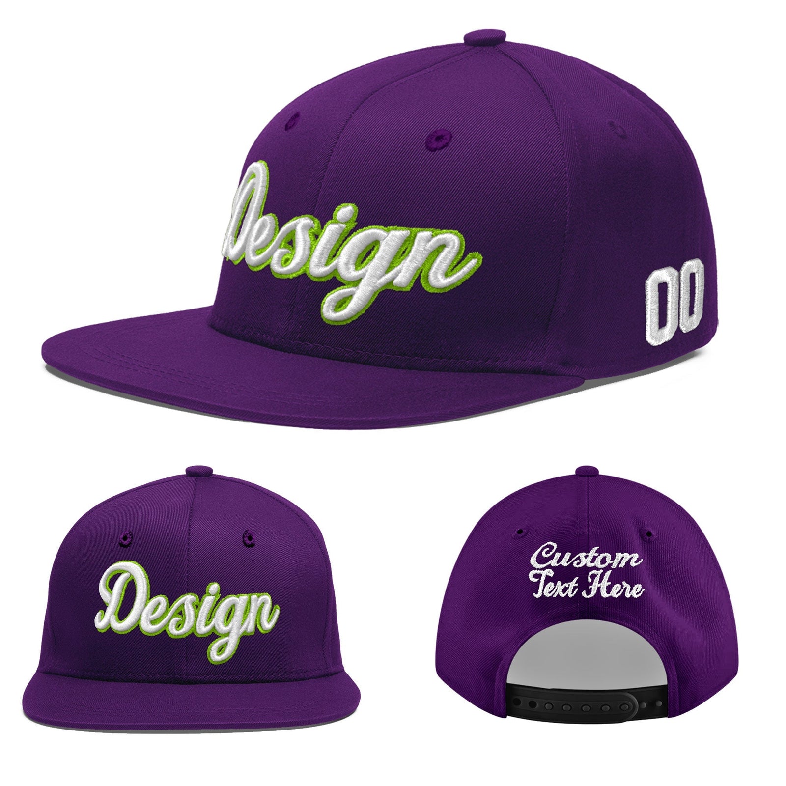 Custom Purple 3D Puff Embroidery Flat Embroidery Casual Sport Baseball Cap