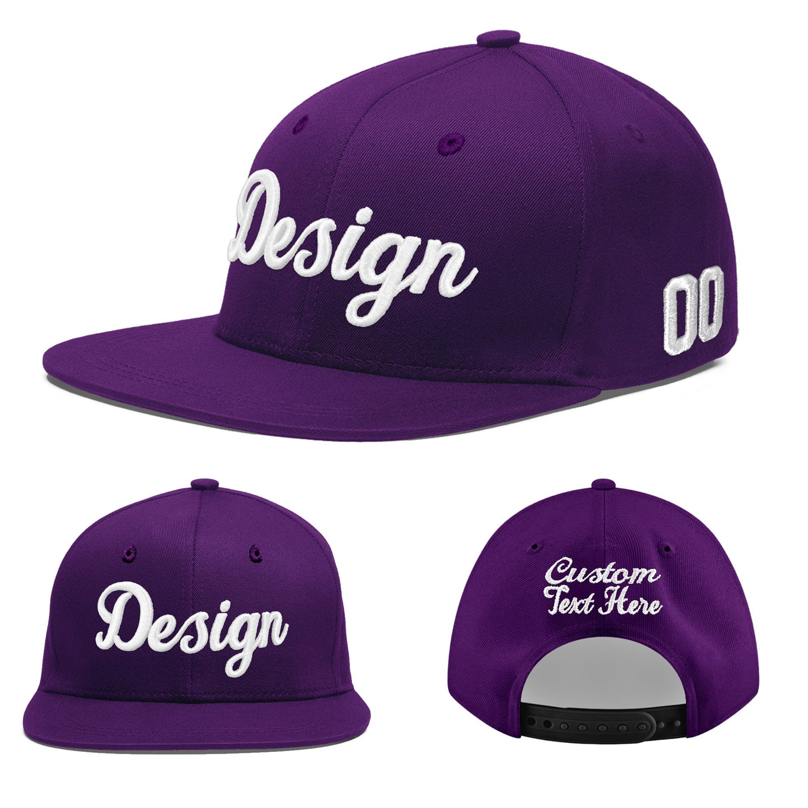 Custom Purple 3D Puff Embroidery Flat Embroidery Casual Sport Baseball Cap