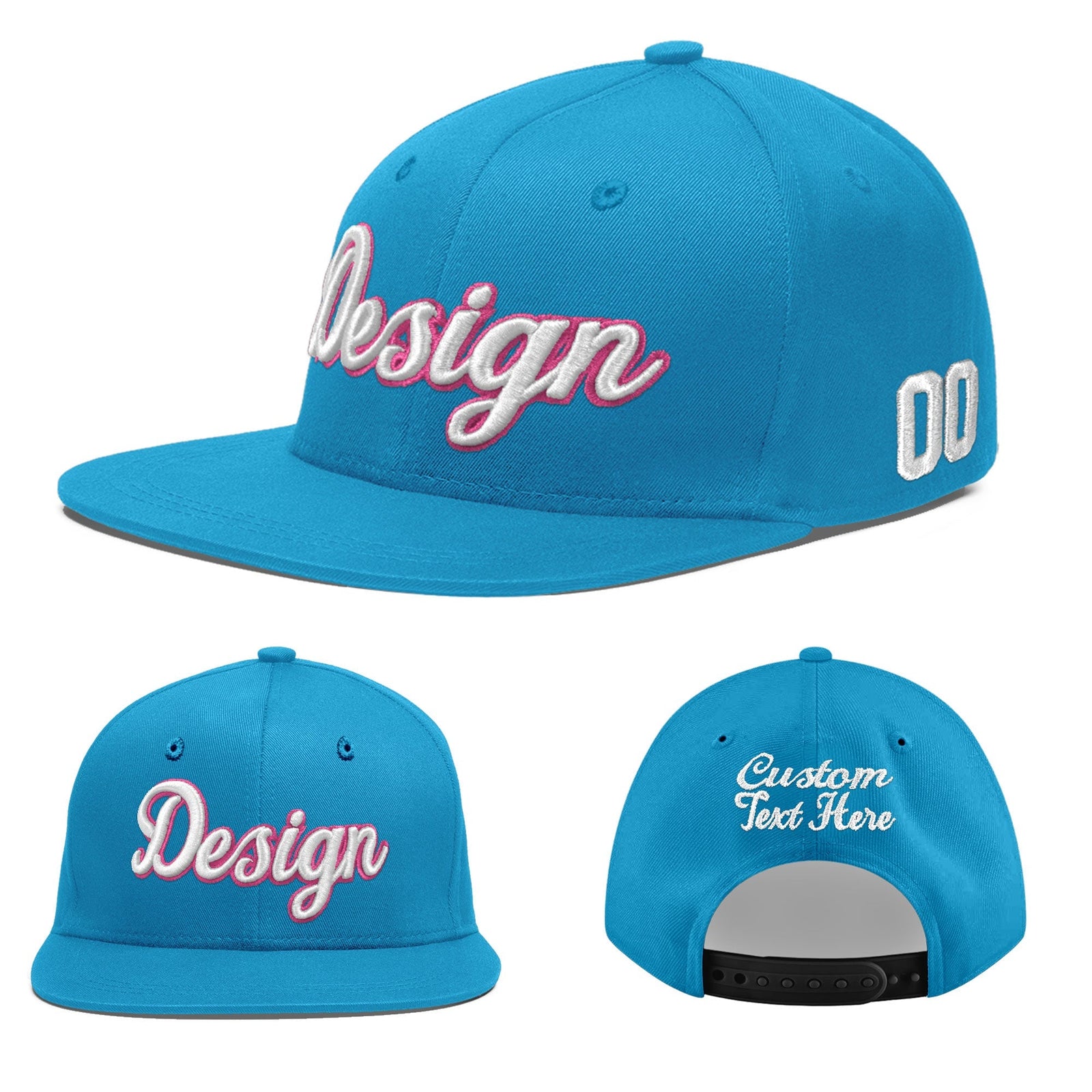 Custom Light Blue 3D Puff Embroidery Flat Embroidery Casual Sport Baseball Cap