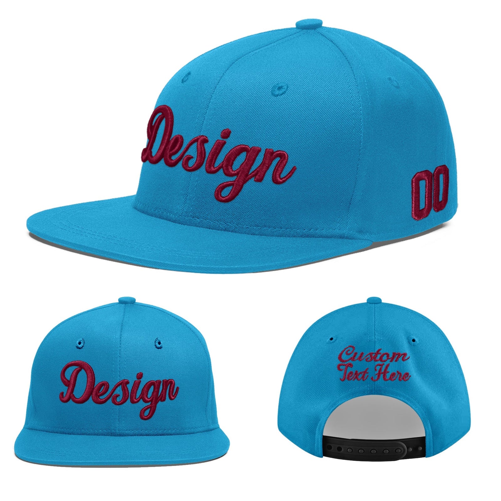 Custom Light Blue 3D Puff Embroidery Flat Embroidery Casual Sport Baseball Cap