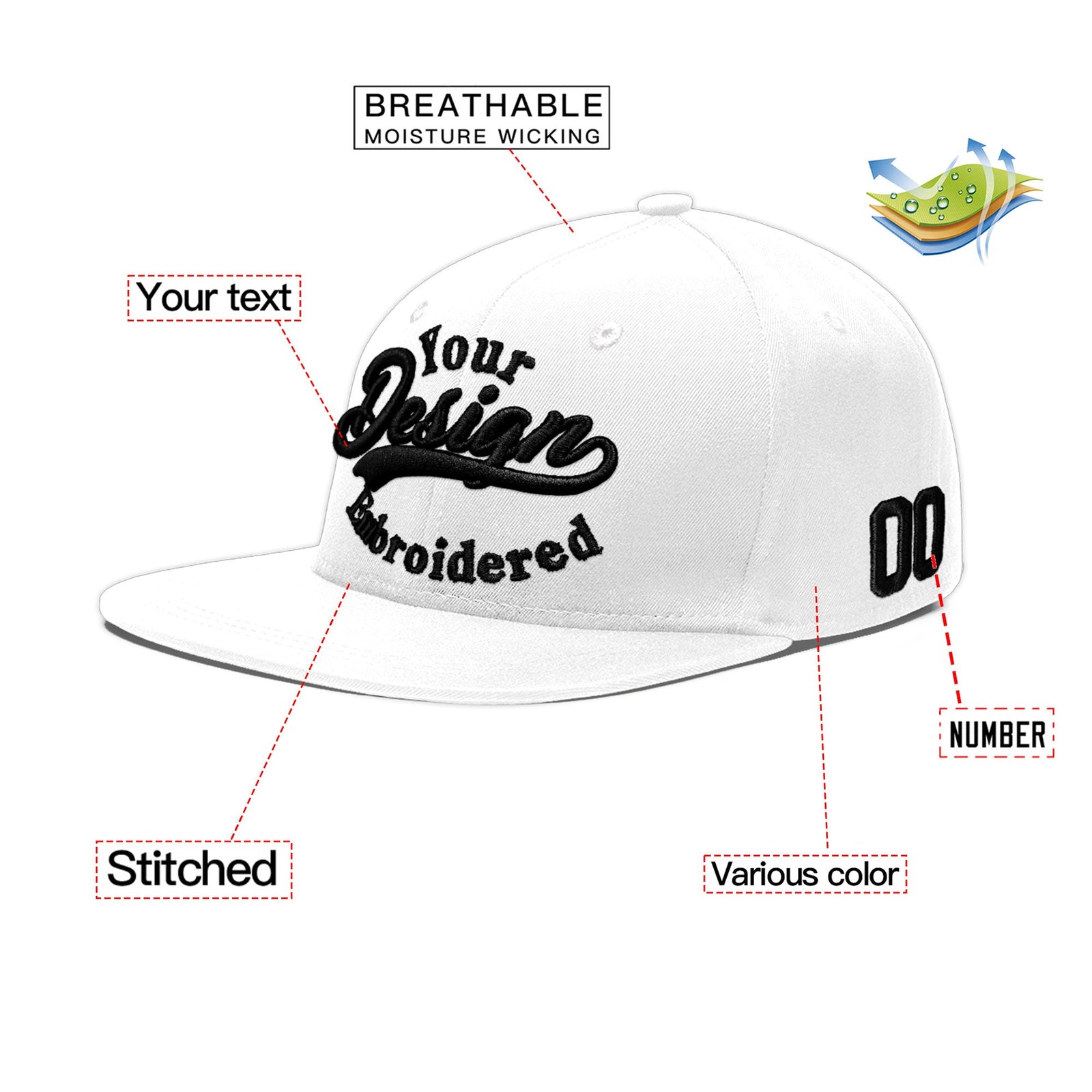 Custom White 3D Puff Embroidery Flat Embroidery Casual Sport Baseball Cap
