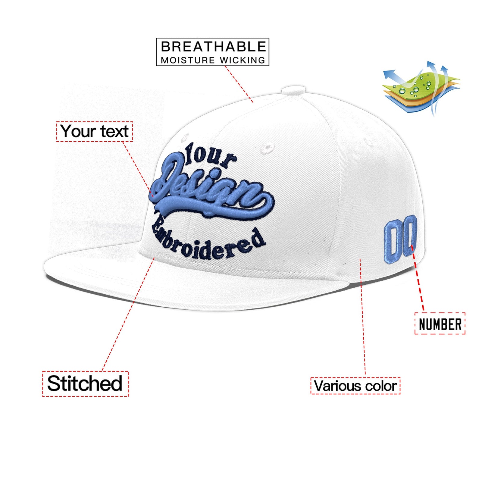 Custom White 3D Puff Embroidery Flat Embroidery Casual Sport Baseball Cap