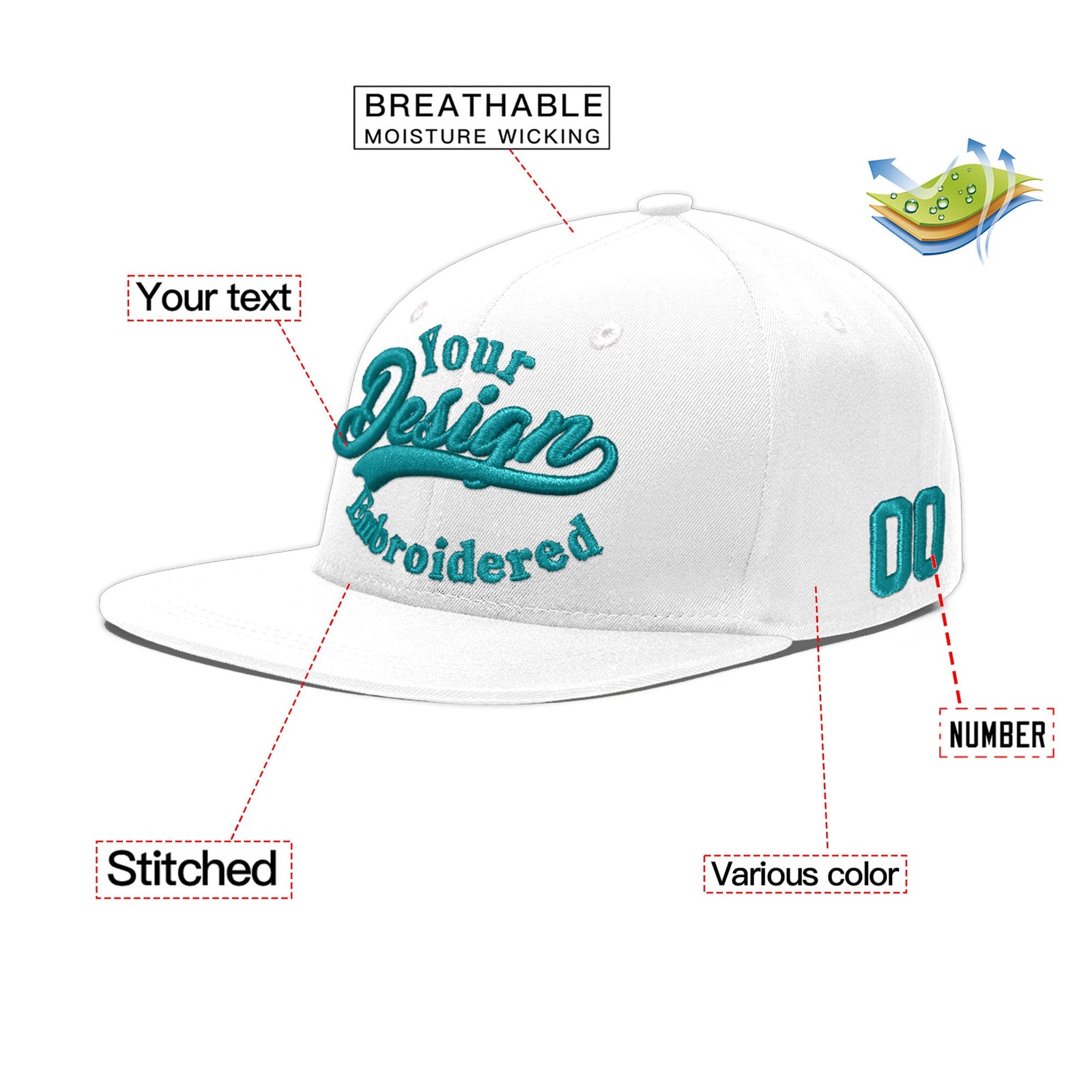 Custom White 3D Puff Embroidery Flat Embroidery Casual Sport Baseball Cap