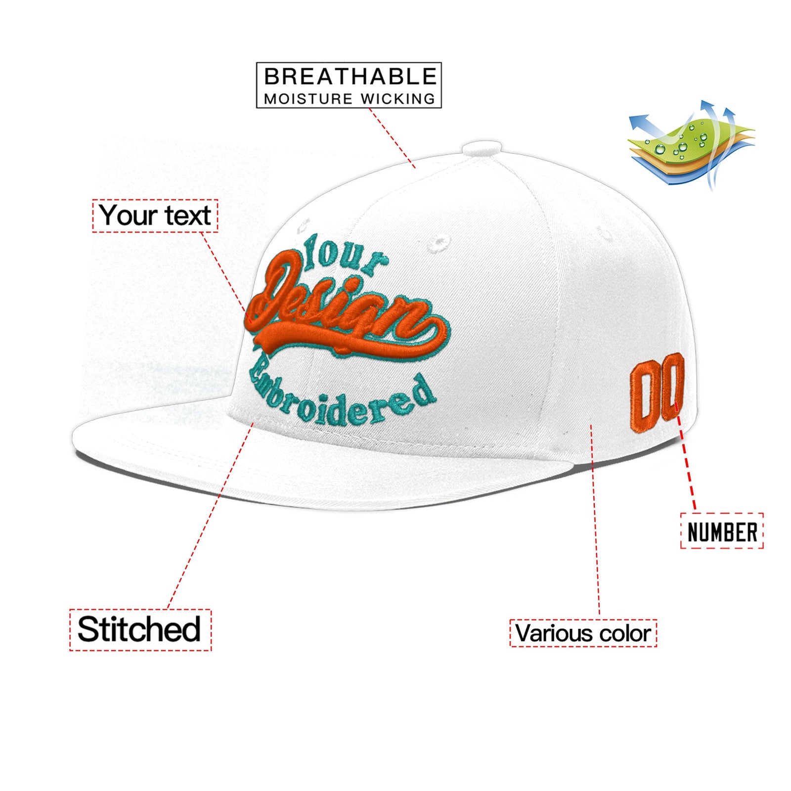 Custom White 3D Puff Embroidery Flat Embroidery Casual Sport Baseball Cap