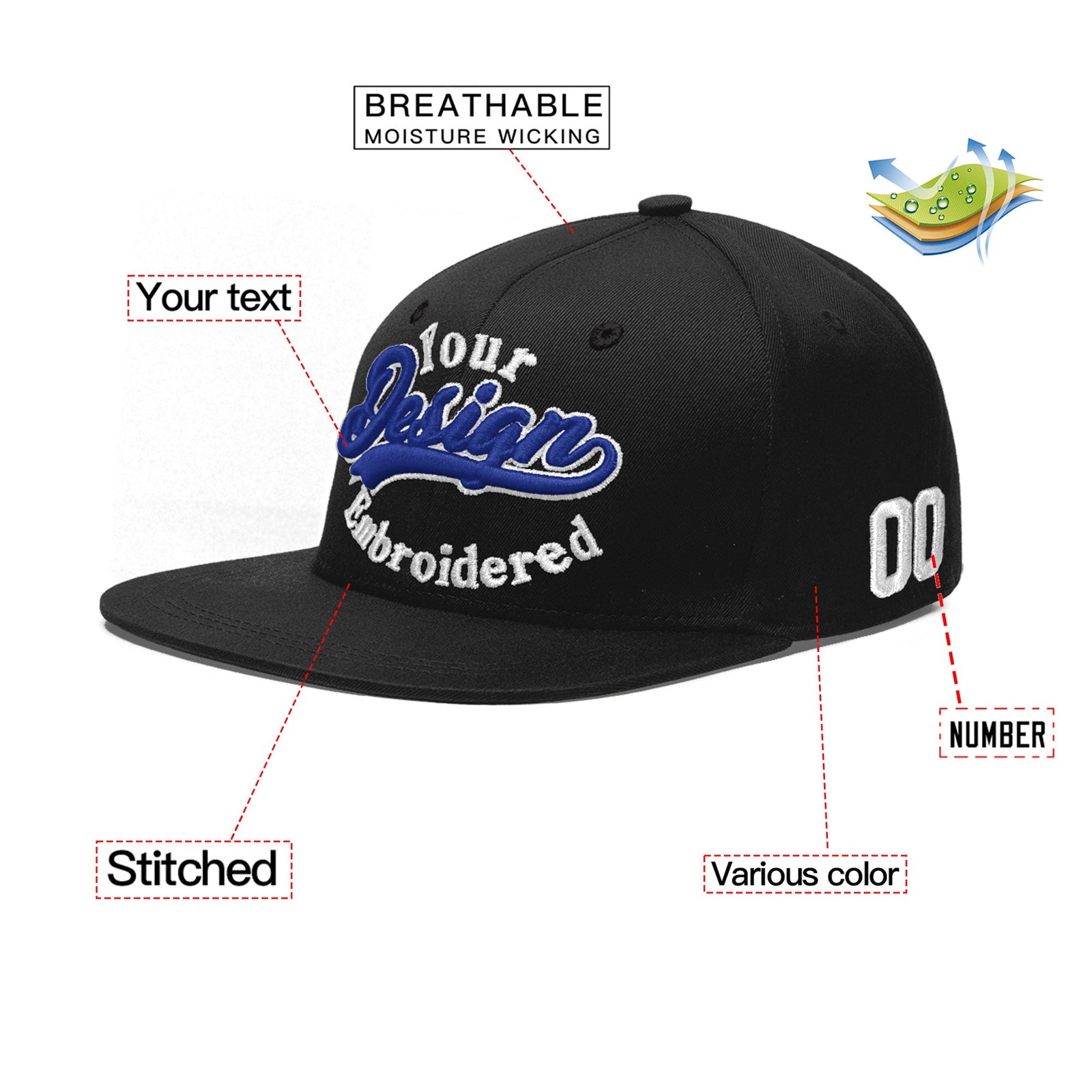Custom Black 3D Puff Embroidery Flat Embroidery Casual Sport Baseball Cap