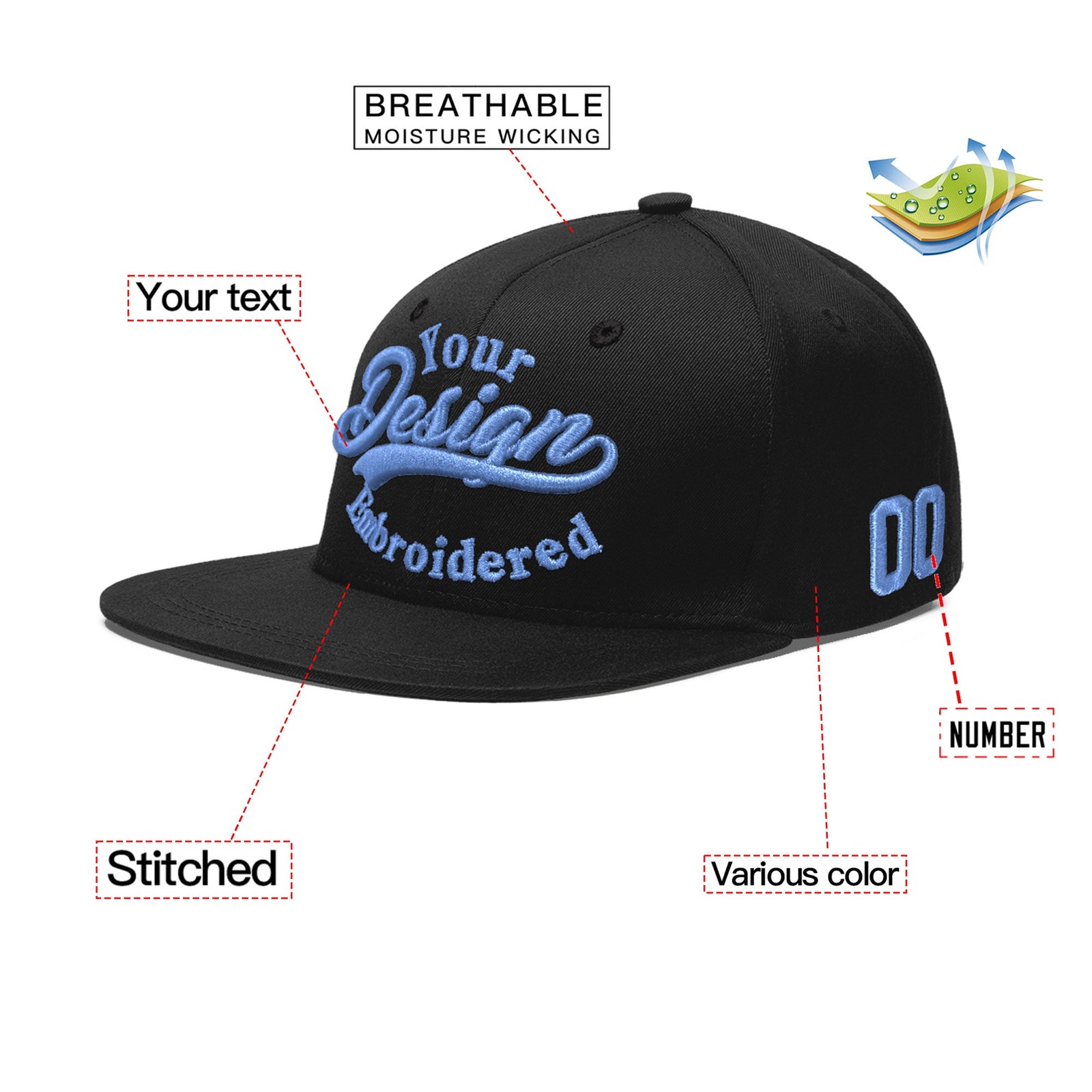Custom Black 3D Puff Embroidery Flat Embroidery Casual Sport Baseball Cap