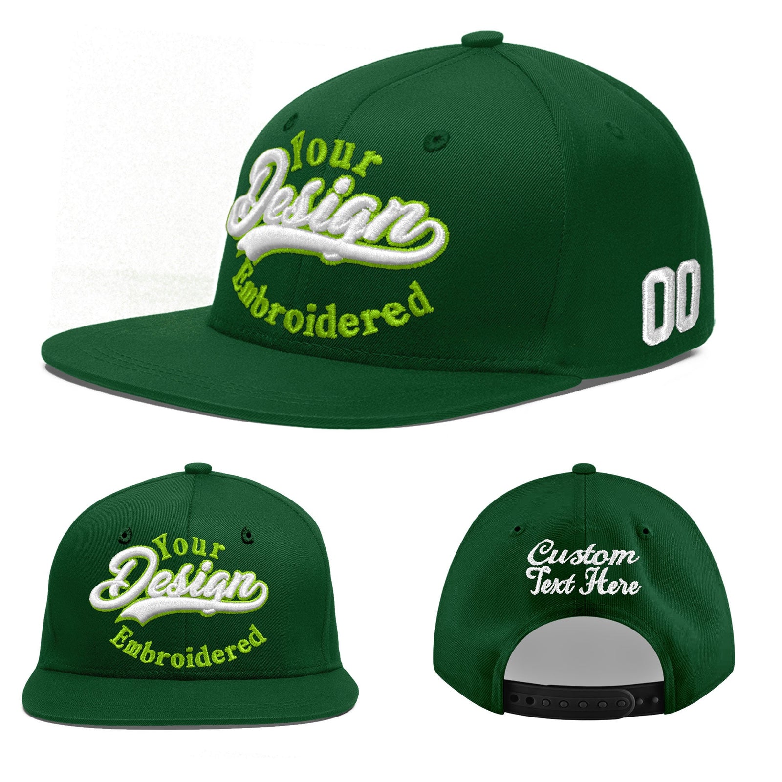 Custom Green 3D Puff Embroidery Flat Embroidery Casual Sport Baseball Cap