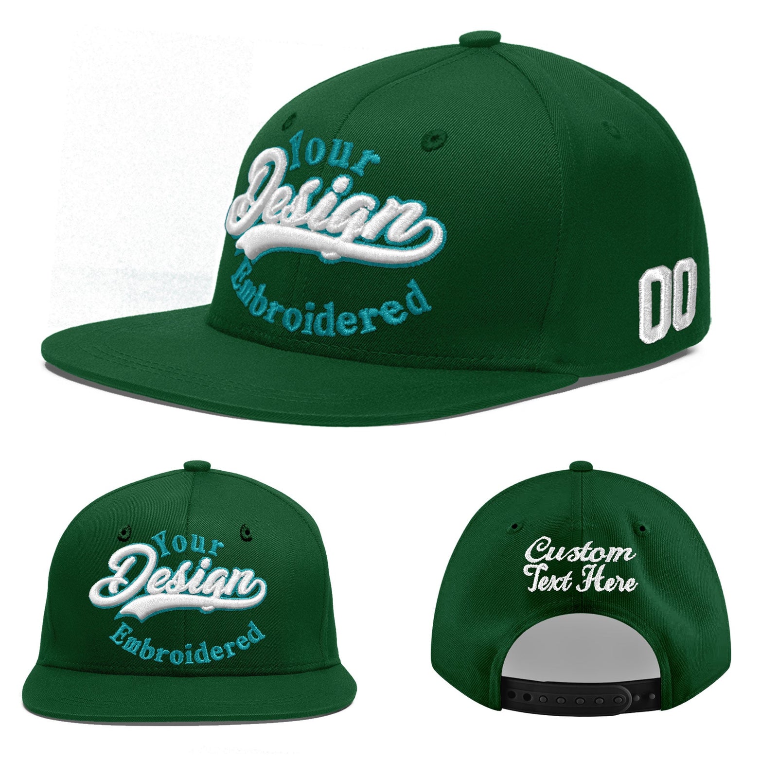 Custom Green 3D Puff Embroidery Flat Embroidery Casual Sport Baseball Cap
