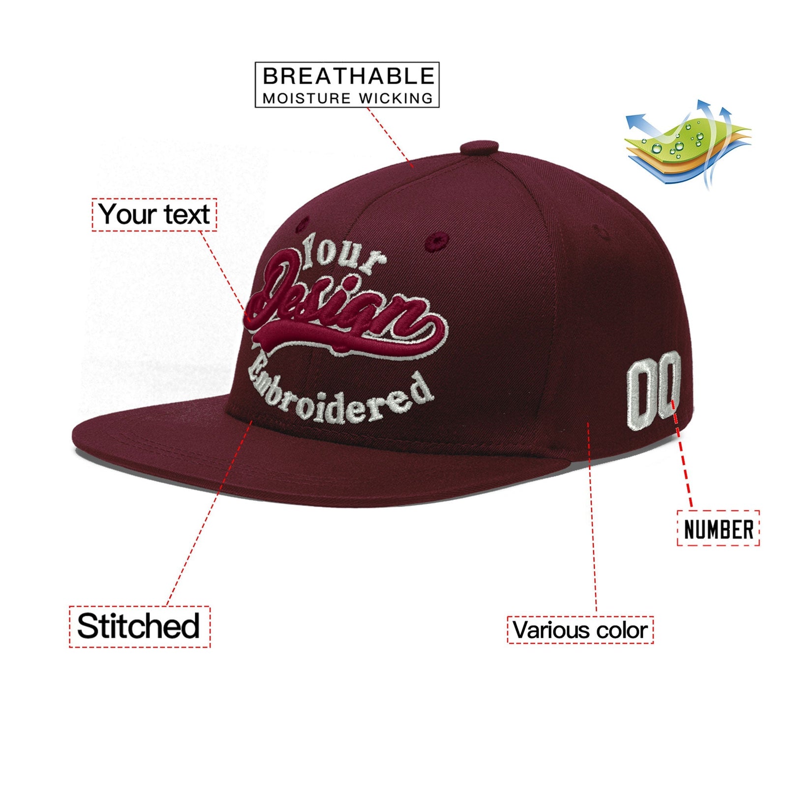 Custom Burgundy 3D Puff Embroidery Flat Embroidery Casual Sport Baseball Cap