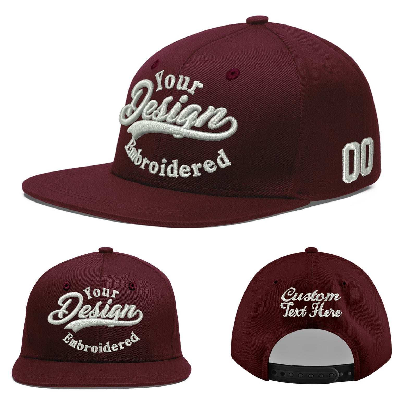 Custom Burgundy 3D Puff Embroidery Flat Embroidery Casual Sport Baseball Cap
