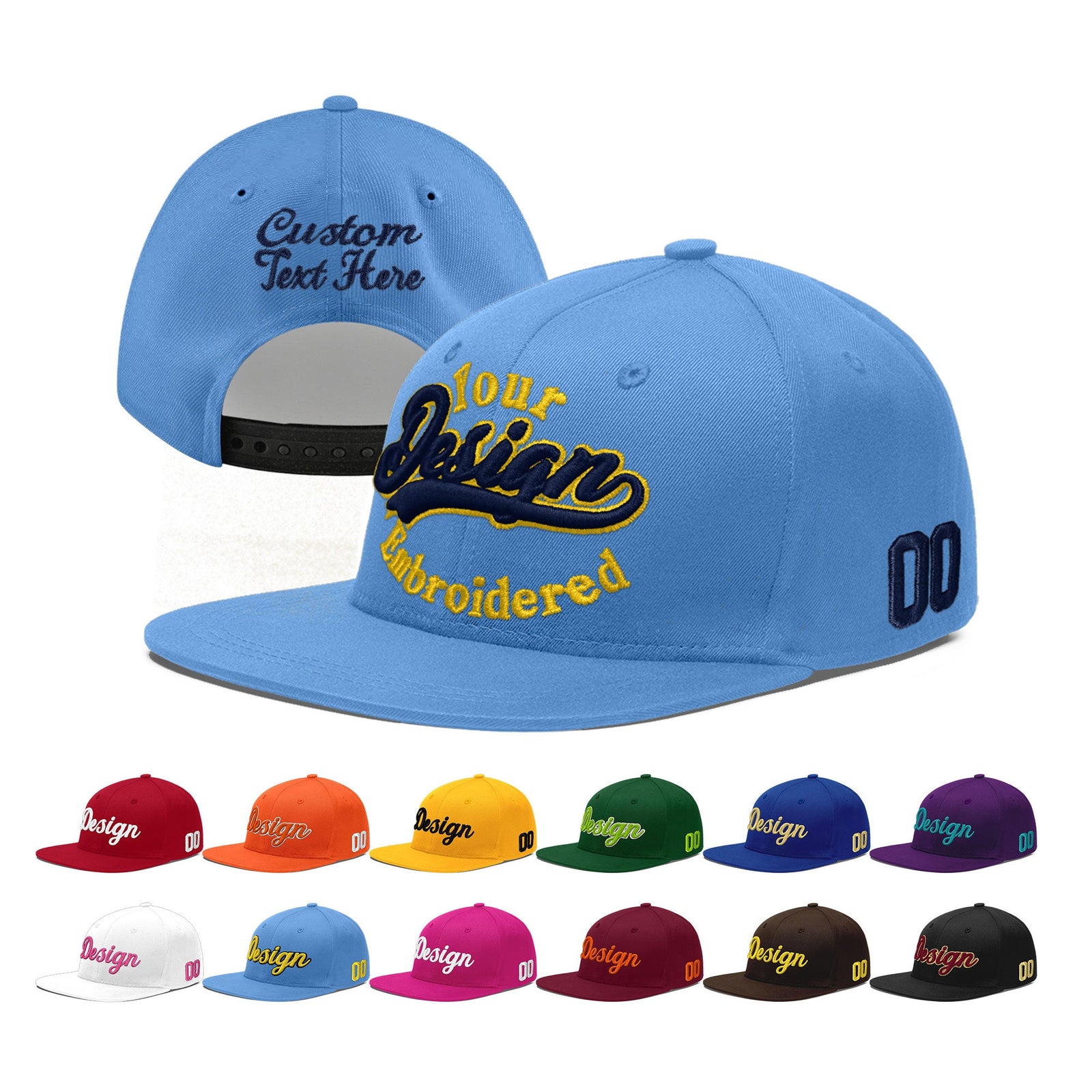 Custom Powder Blue 3D Puff Embroidery Flat Embroidery Casual Sport Baseball Cap