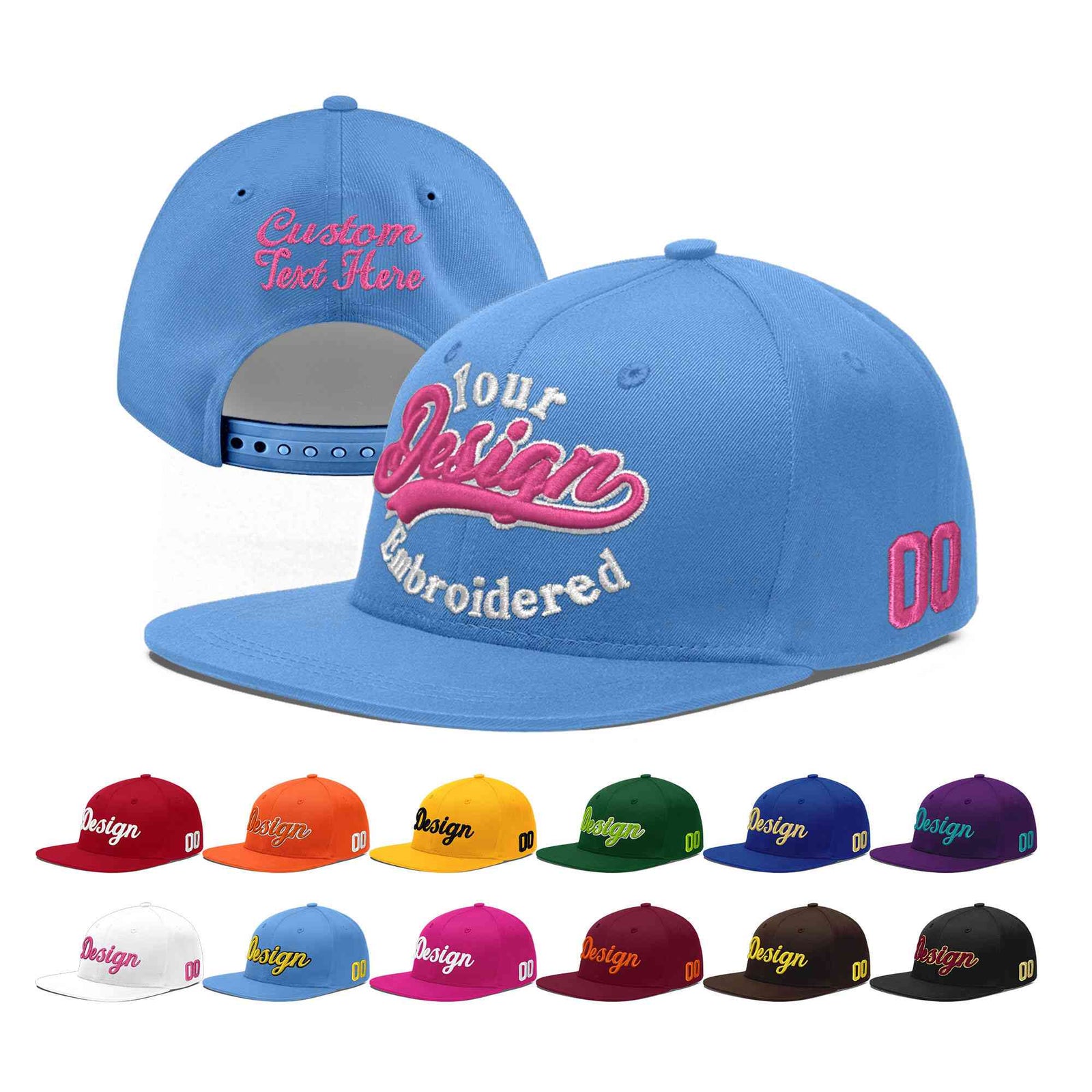 Custom Light Blue 3D Puff Embroidery Flat Embroidery Casual Sport Baseball Cap