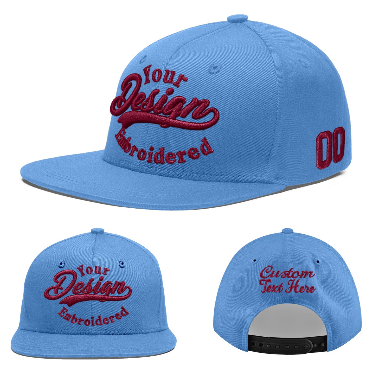 Custom Powder Blue 3D Puff Embroidery Flat Embroidery Casual Sport Baseball Cap