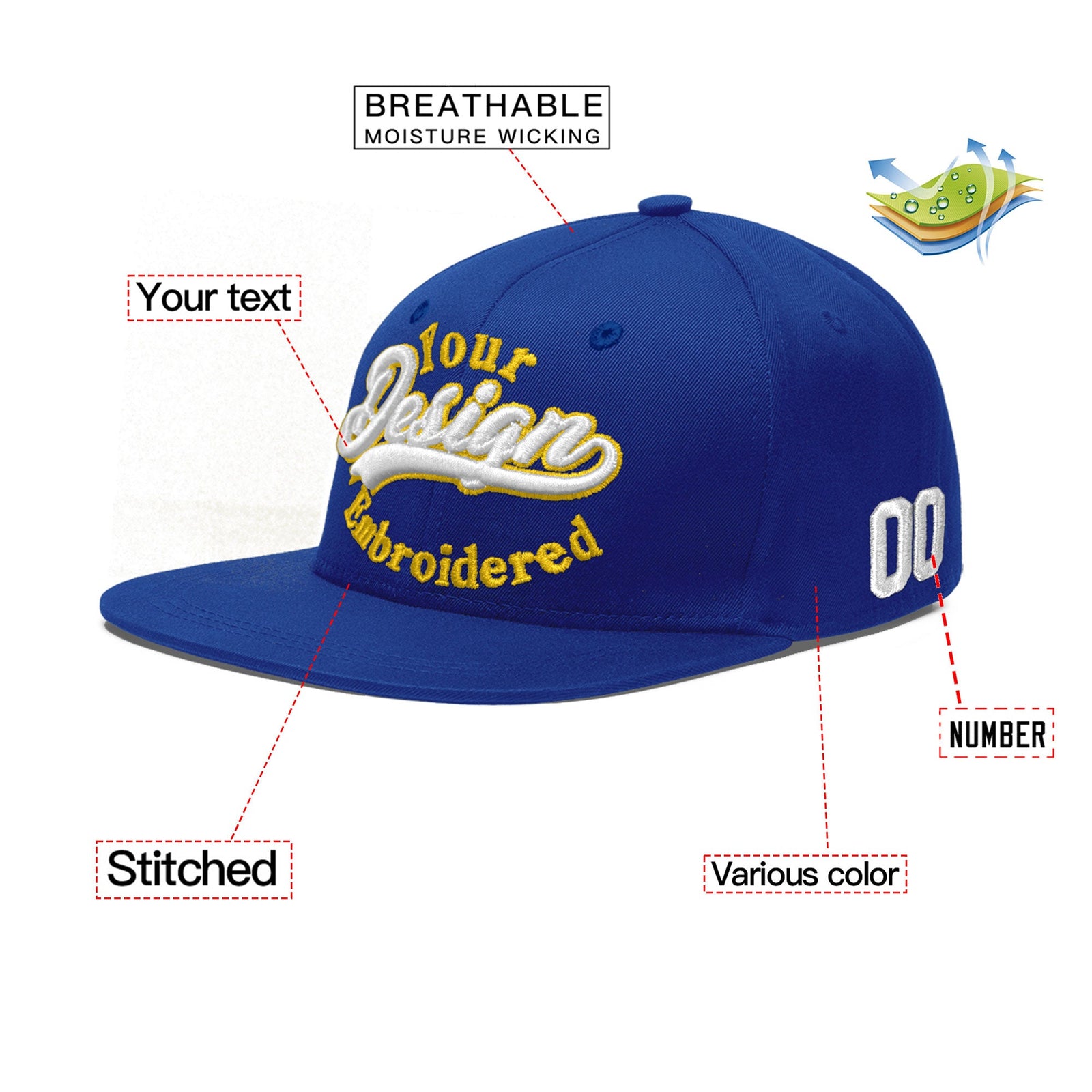 Custom Royal 3D Puff Embroidery Flat Embroidery Casual Sport Baseball Cap