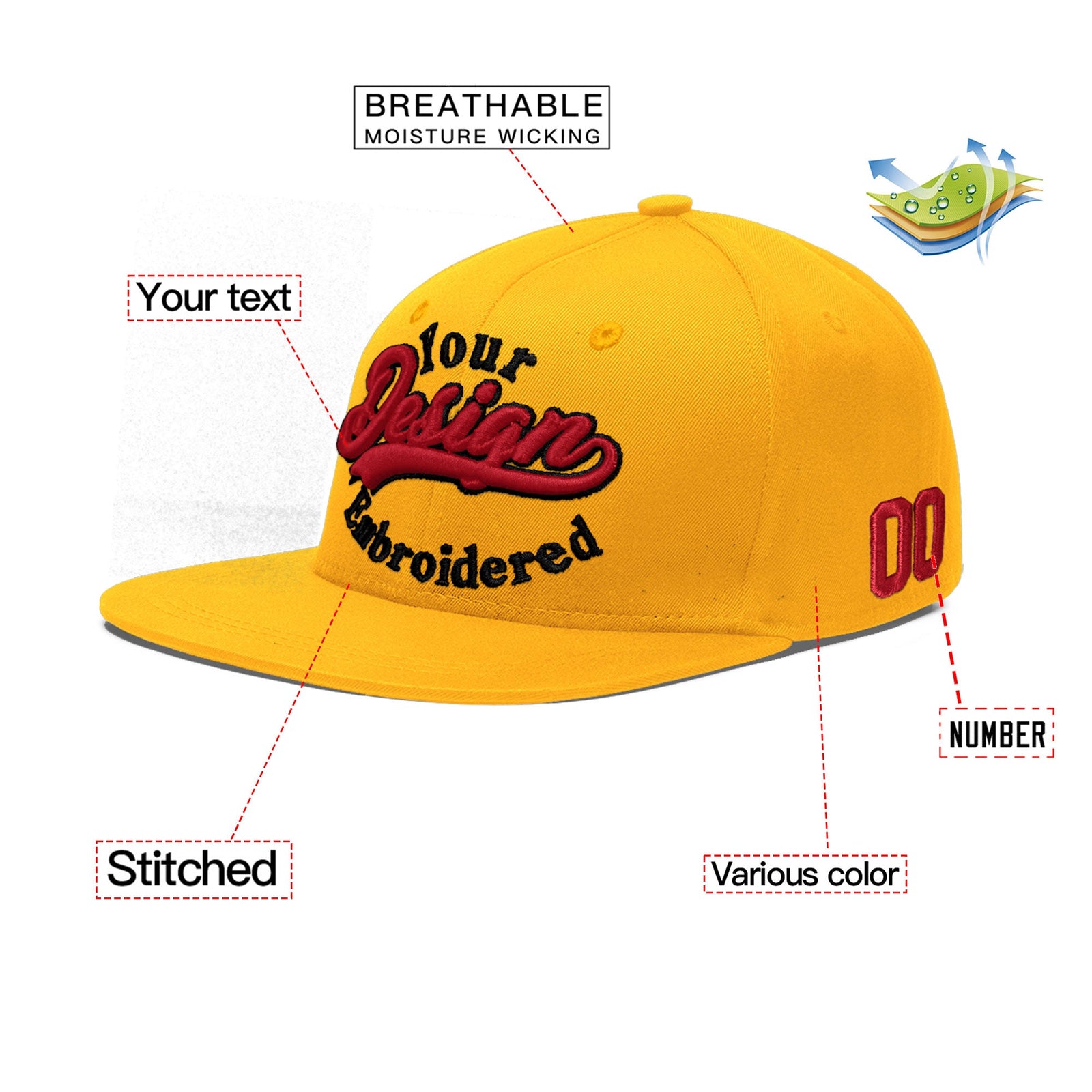 Custom Yellow 3D Puff Embroidery Flat Embroidery Casual Sport Baseball Cap