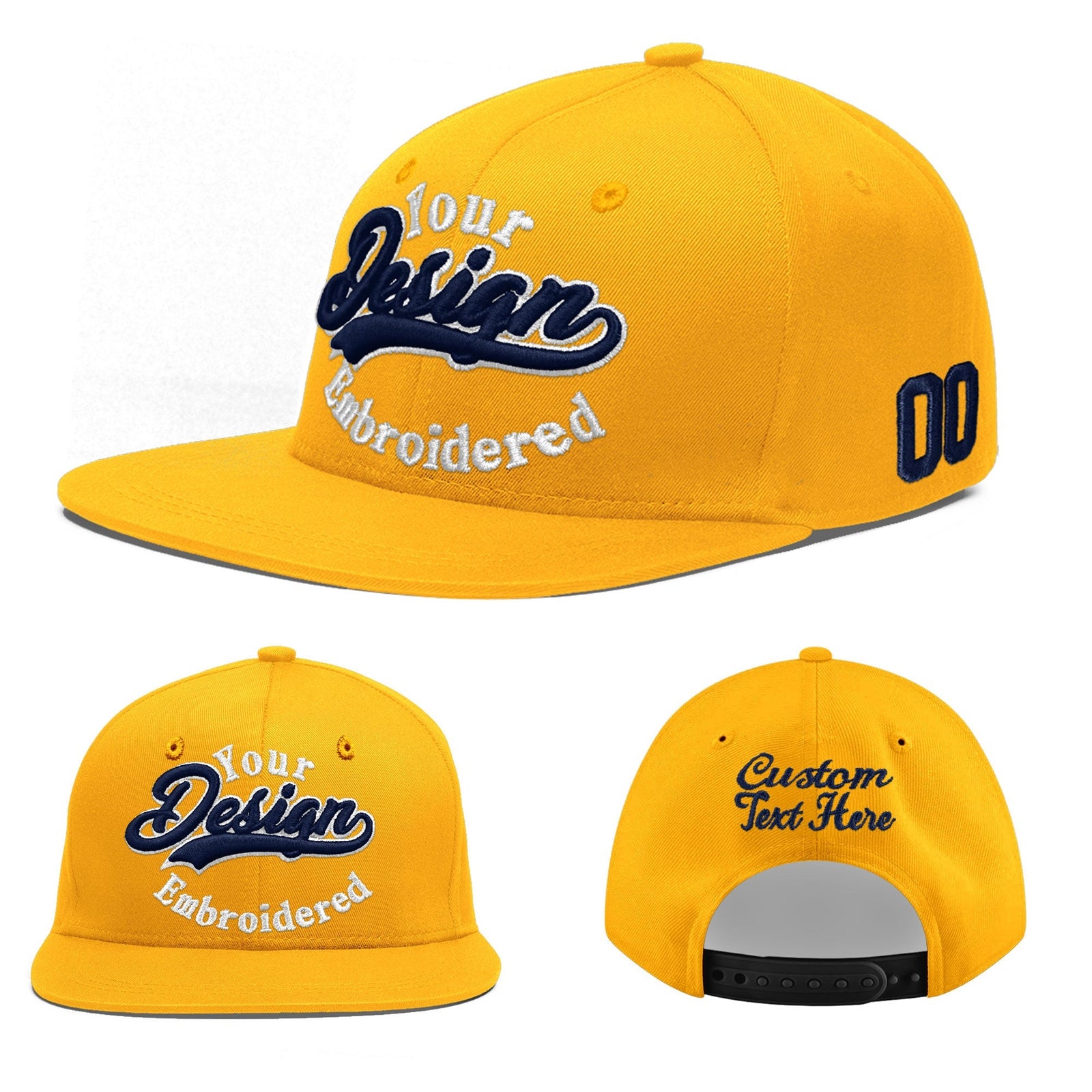 Custom Yellow Navy-White 3D Puff Embroidery Flat Embroidery Casual Sport Baseball Cap
