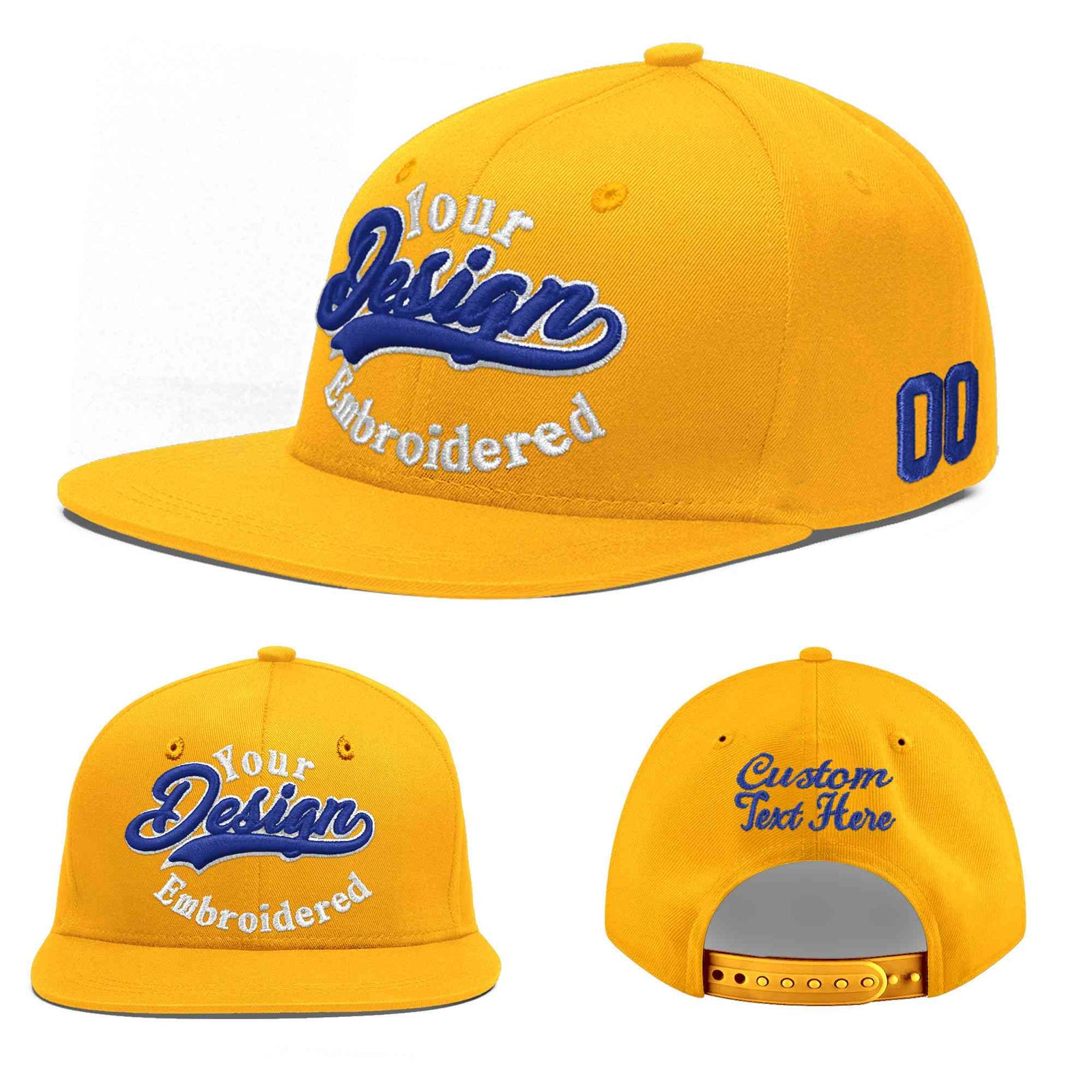 Custom Yellow Navy-White 3D Puff Embroidery Flat Embroidery Casual Sport Baseball Cap