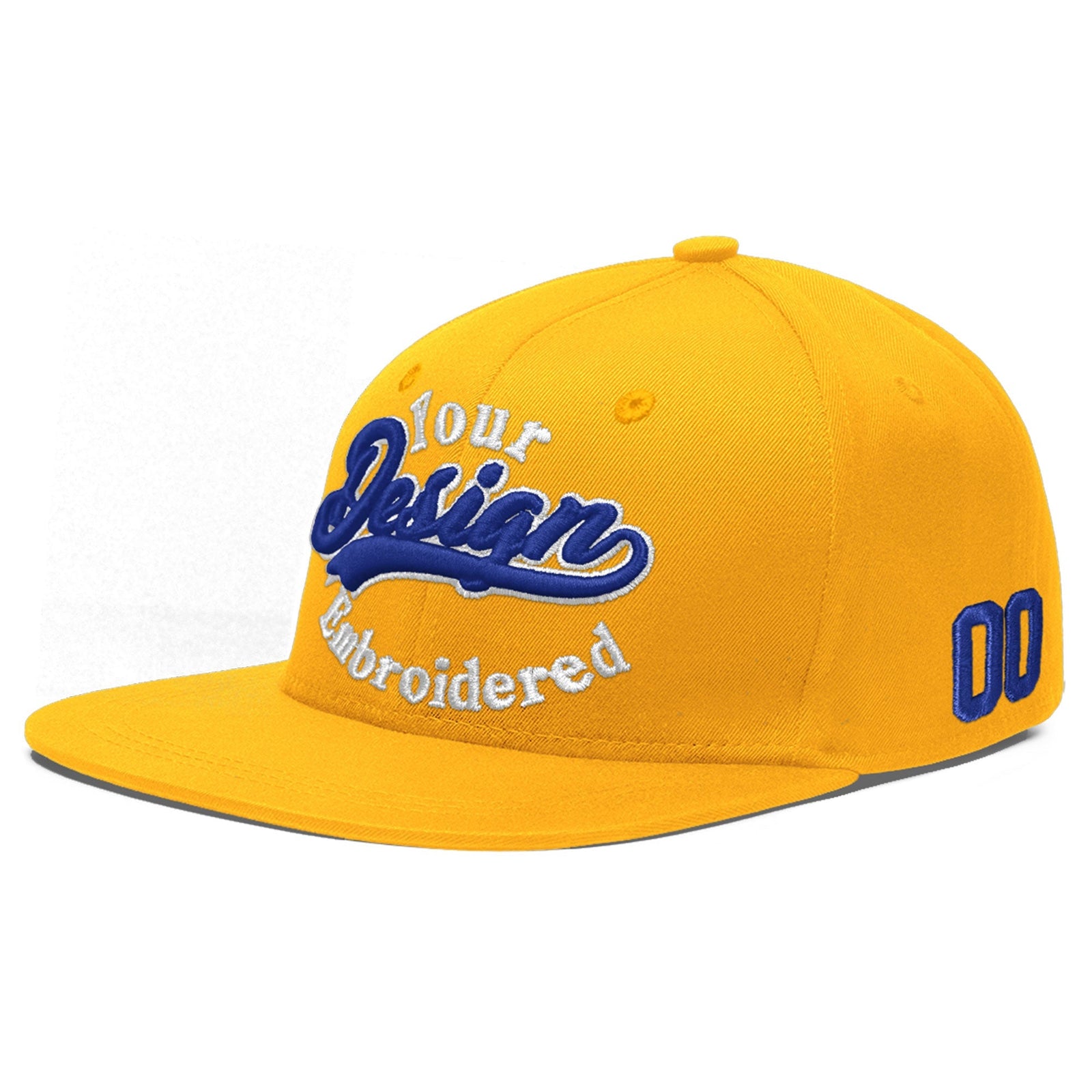 Custom Yellow Navy-White 3D Puff Embroidery Flat Embroidery Casual Sport Baseball Cap