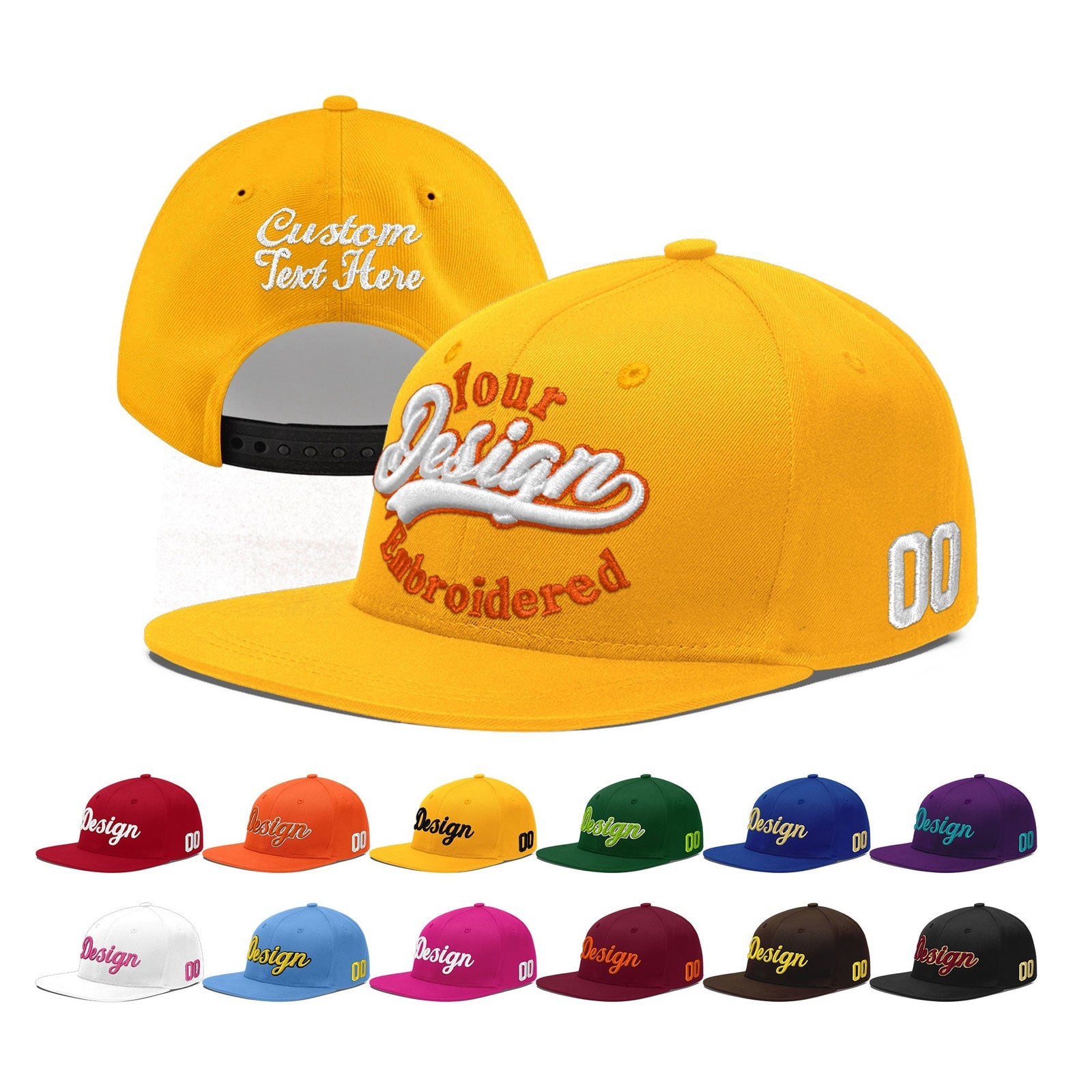 Custom Yellow 3D Puff Embroidery Flat Embroidery Casual Sport Baseball Cap