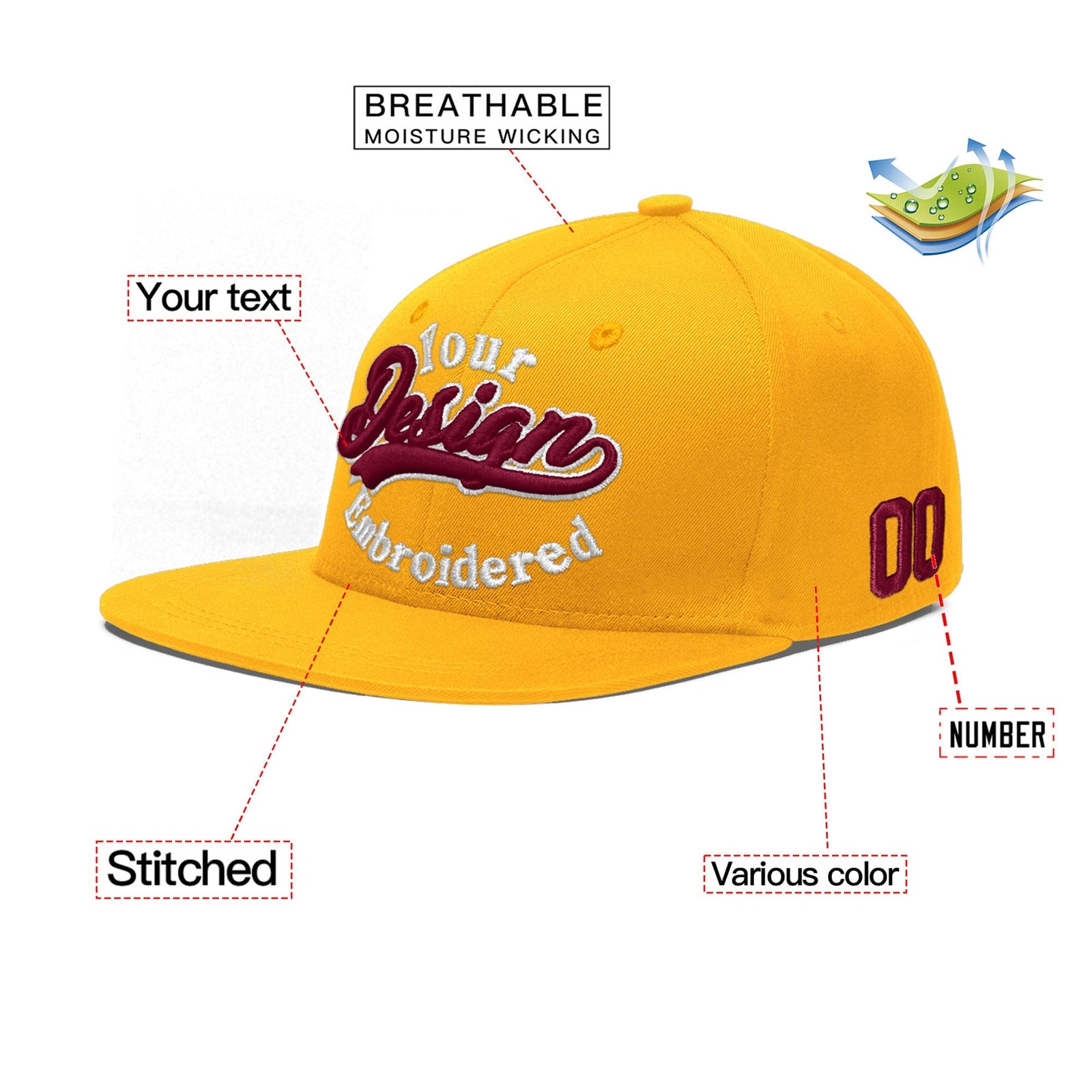 Custom Yellow 3D Puff Embroidery Flat Embroidery Casual Sport Baseball Cap