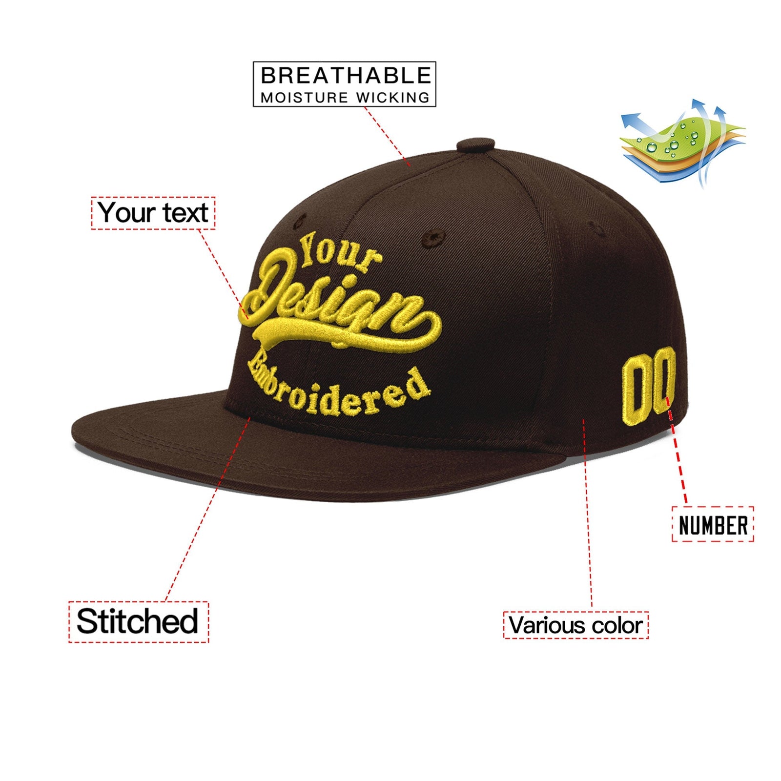 Custom Brown 3D Puff Embroidery Flat Embroidery Casual Sport Baseball Cap