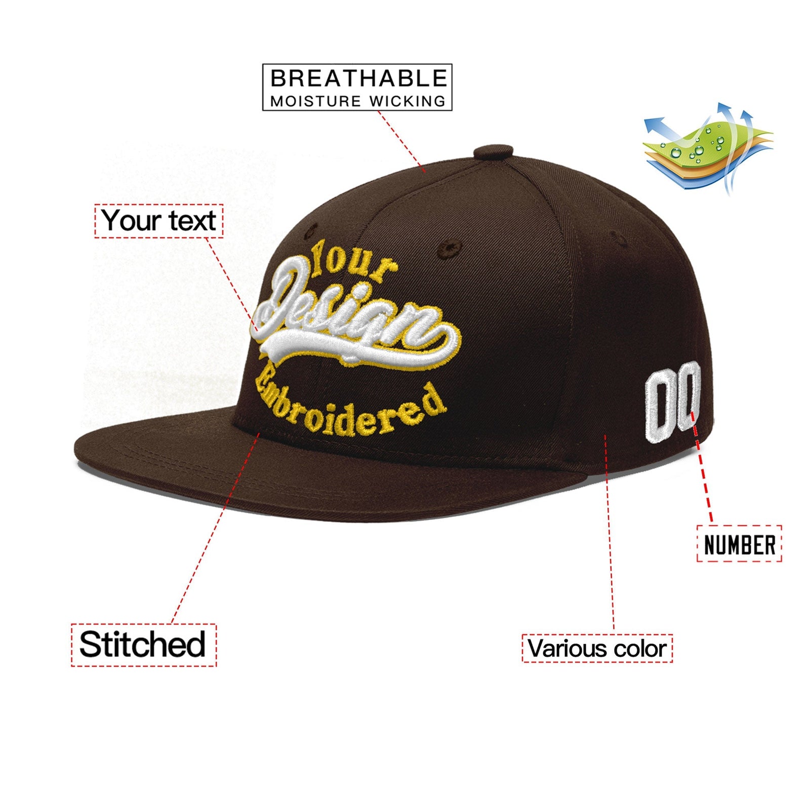 Custom Brown 3D Puff Embroidery Flat Embroidery Casual Sport Baseball Cap