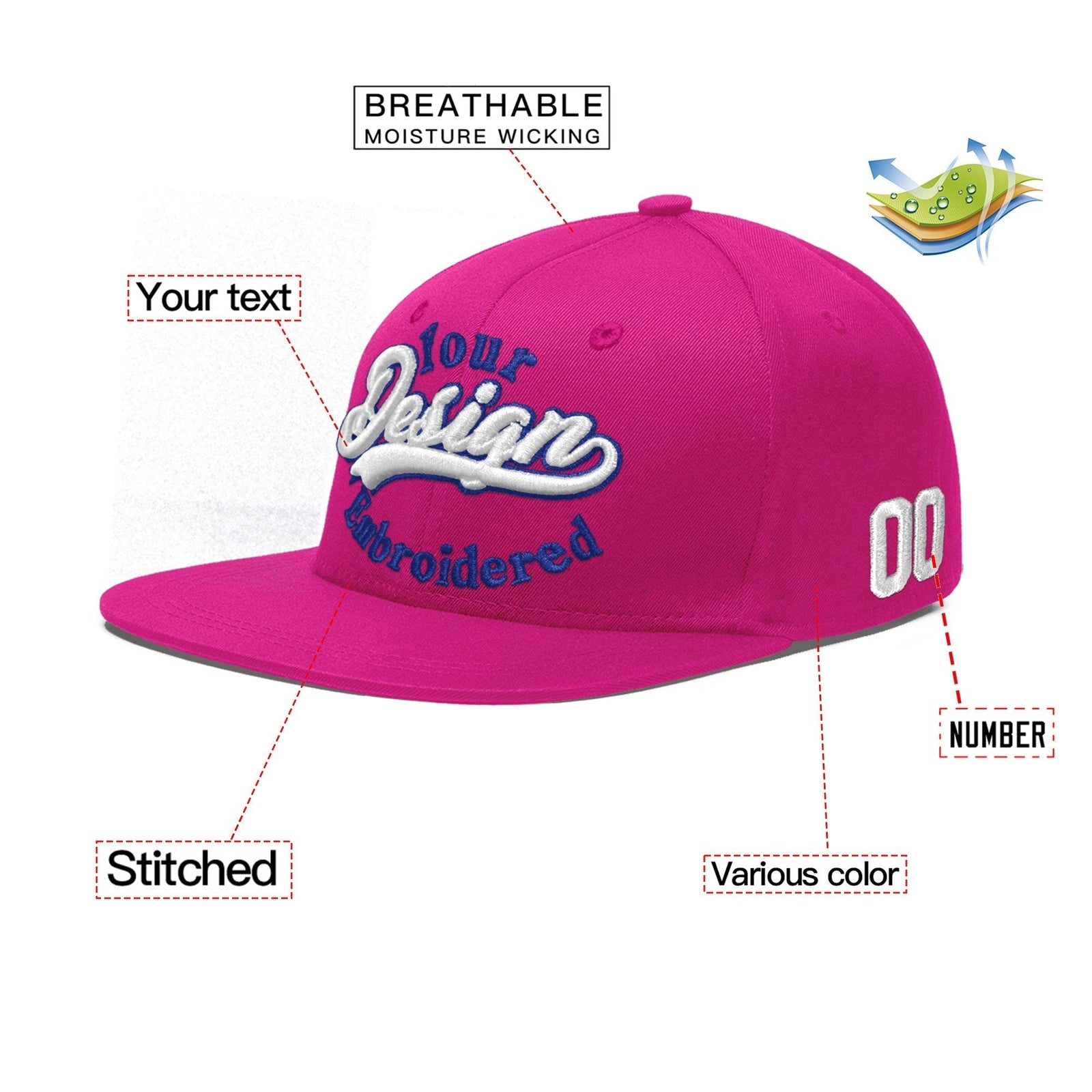 Custom Rose Red 3D Puff Embroidery Flat Embroidery Casual Sport Baseball Cap
