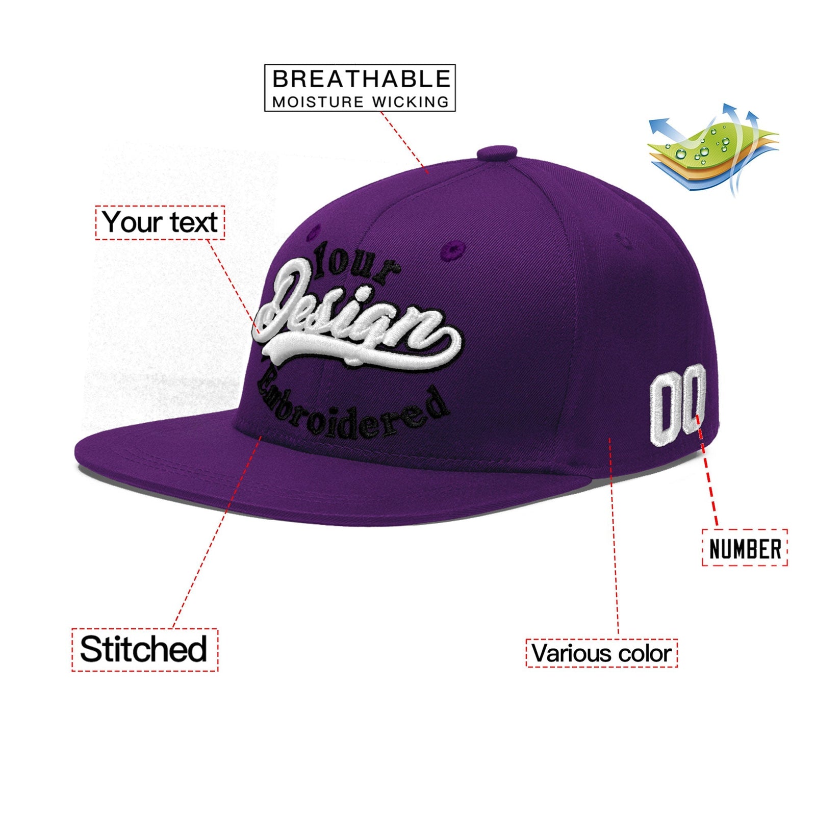 Custom Purple 3D Puff Embroidery Flat Embroidery Casual Sport Baseball Cap