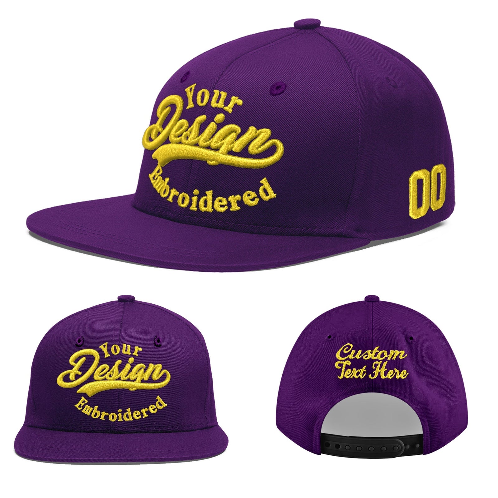 Custom Purple 3D Puff Embroidery Flat Embroidery Casual Sport Baseball Cap