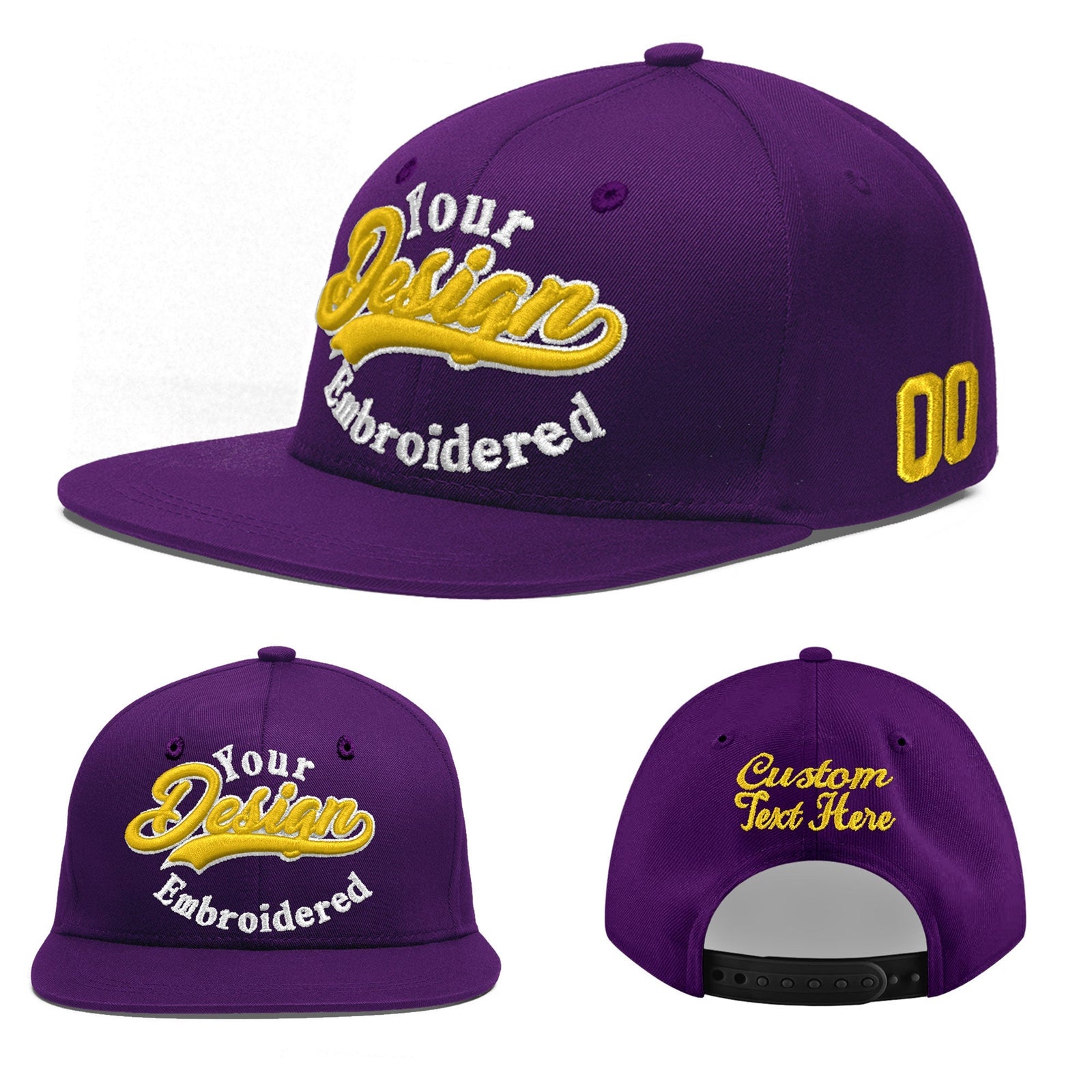 Custom Purple 3D Puff Embroidery Flat Embroidery Casual Sport Baseball Cap
